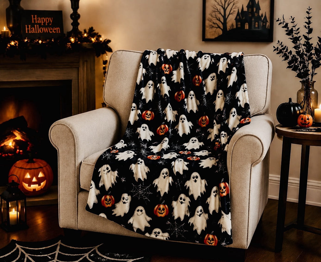 Serafina Home Halloween Throw Blanket: Fuzzy Boo! Jack O'Lantern Spider Webs Skull and Black Cats Print on Velvet Fleece for Sofa Bed Couch Chair Dorm