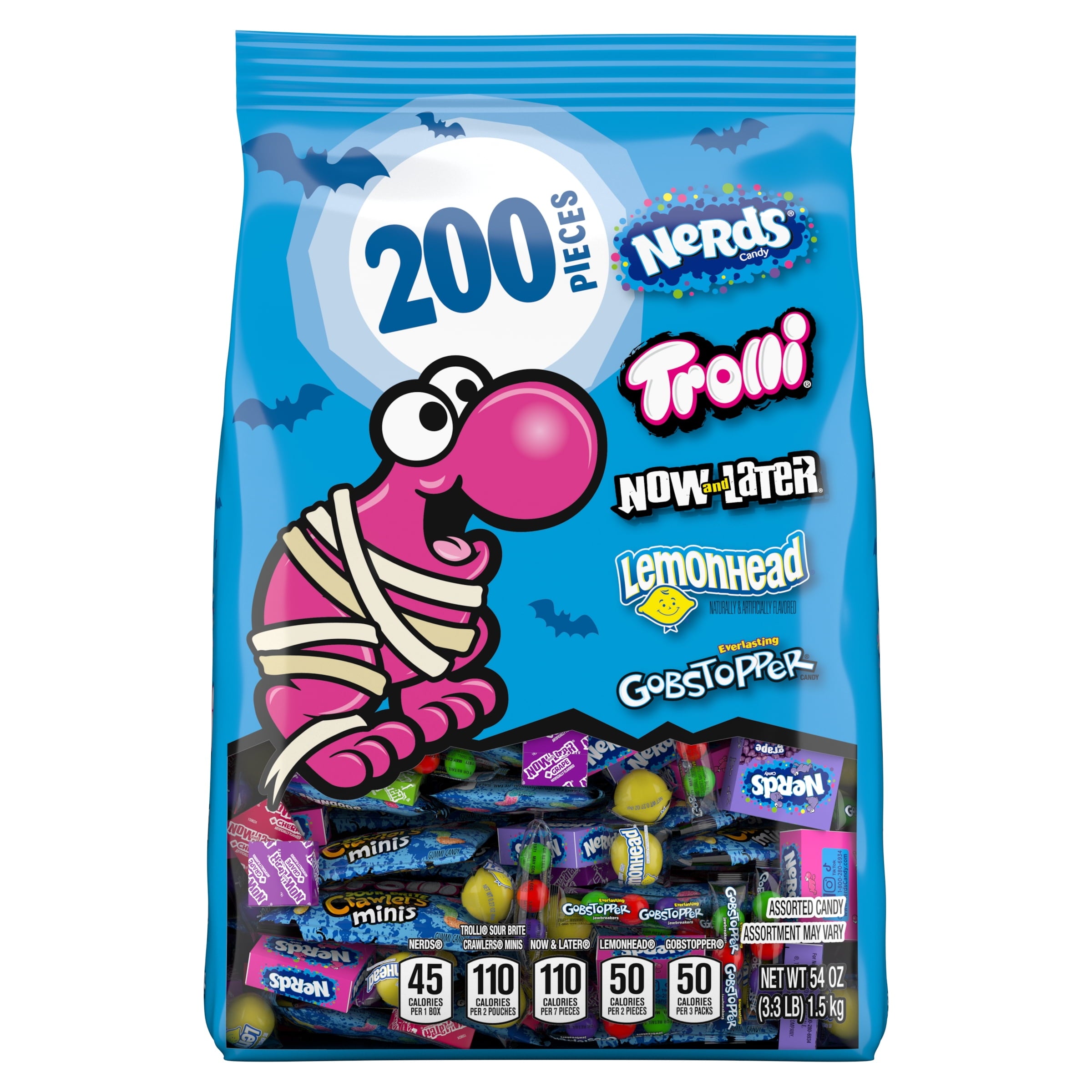 Nerds Classic Fun Halloween Trick-or-Treat Variety Bag, Trolli, Now and Later, Lemonhead, Gobstopper, and NERDS Original, 200 Pieces, 54 Ounces