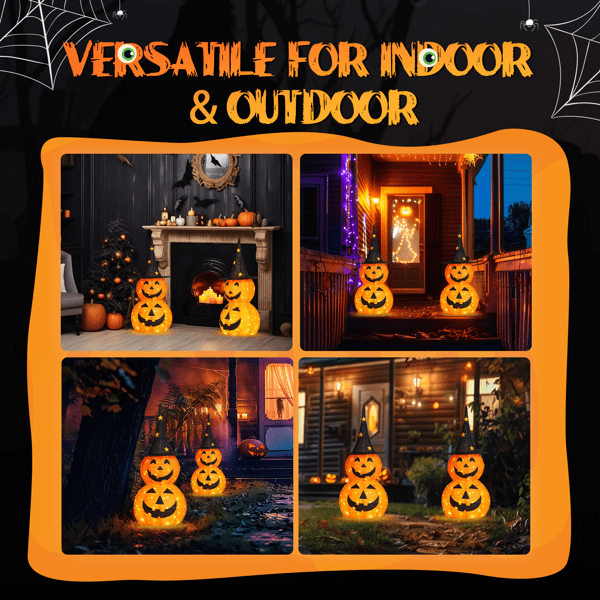 Alvantor 2-Pack 3 ft Lighted Pop-Up Pumpkin Halloween Decorations with Witch Hats and 150 LEDs Total, Orange and Black