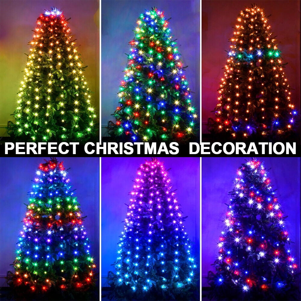 IC ICLOVER Christmas Tree String Lights Decorations with Ring Smart APP, 200 LED Waterfall Lights IP65 Waterproof Multi-Modes with Remote Color Changing Lights for Wedding Yard Party Home Holiday