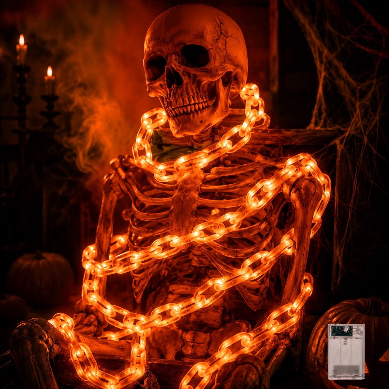 DAKIMOE Halloween Decoration Chain String Lights Orange Light Up Plastic Chain Decoration 10FT Long Glowing Link Chain for Haunted House Party Porch Yard Door Indoor Outdoor Halloween Decor