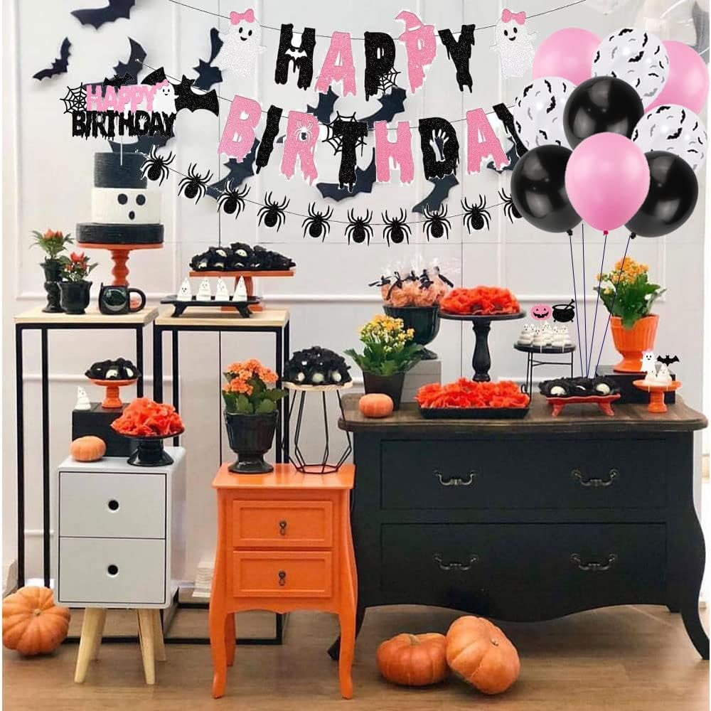 Halloween Birthday Party Decorations, Pink Black Glitter Happy Birthday Banner,Girl Halloween Birthday