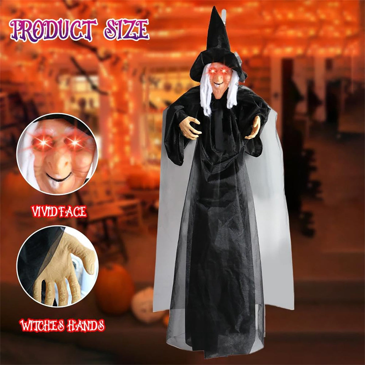 BinKFF Life Size Hanging Talking Witch - Animated Halloween Witch with Sound Activation and Red Eyes for Outdoor & Indoor Decor - Flying Animatronic Witch for Halloween Decorations