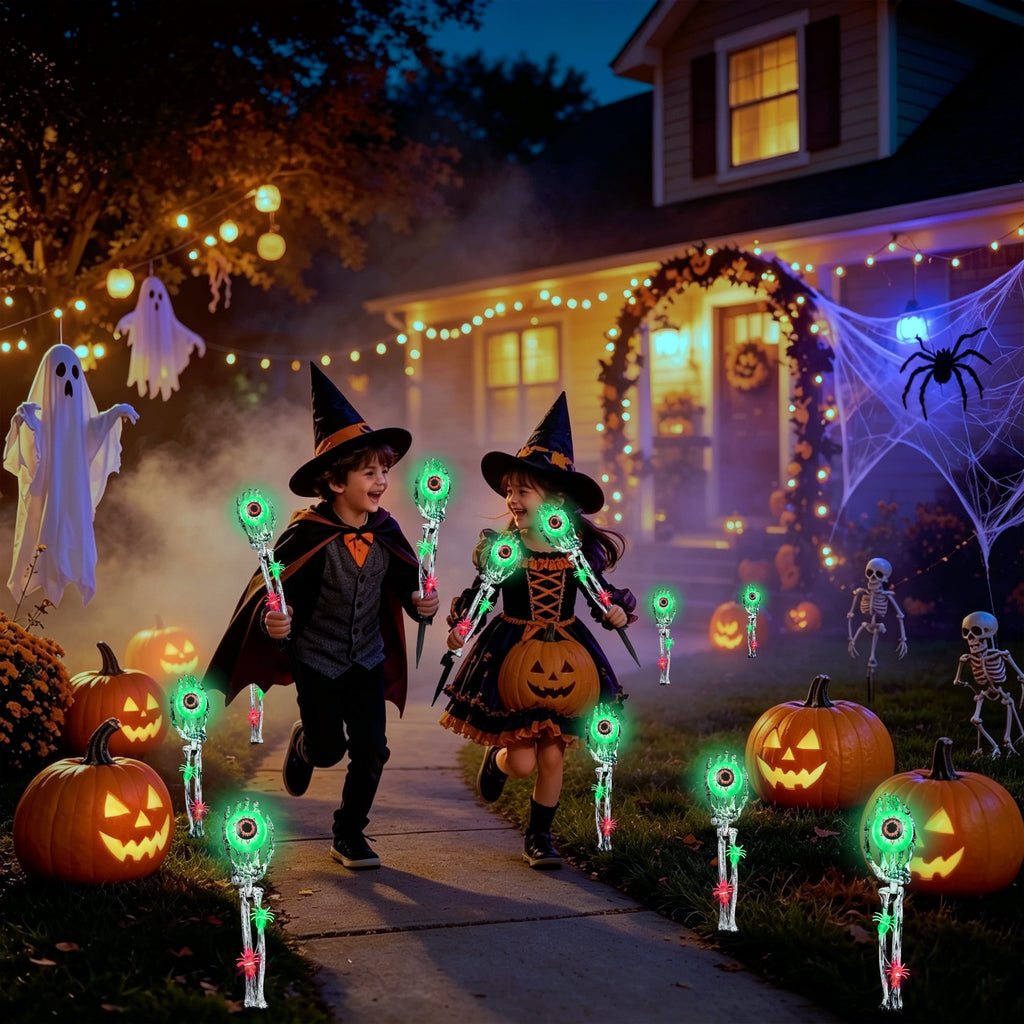 Toodour Halloween Pathway Lights Outdoor, Battery Operated Halloween Skeleton Hands with Light Up Eyeballs & Spiders, Waterproof Halloween Decor for Walkway Garden Yard Lawn, Red