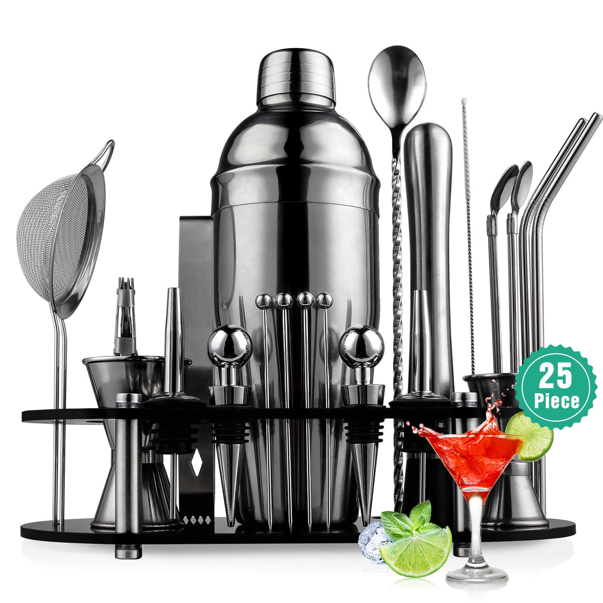 Biemlerfn 25-Piece Cocktail Shaker Set, Mixology Bartender Kit with Acrylic Stand Stainless Steel Bar Tools, Full Bartender Accessories and Recipe Book