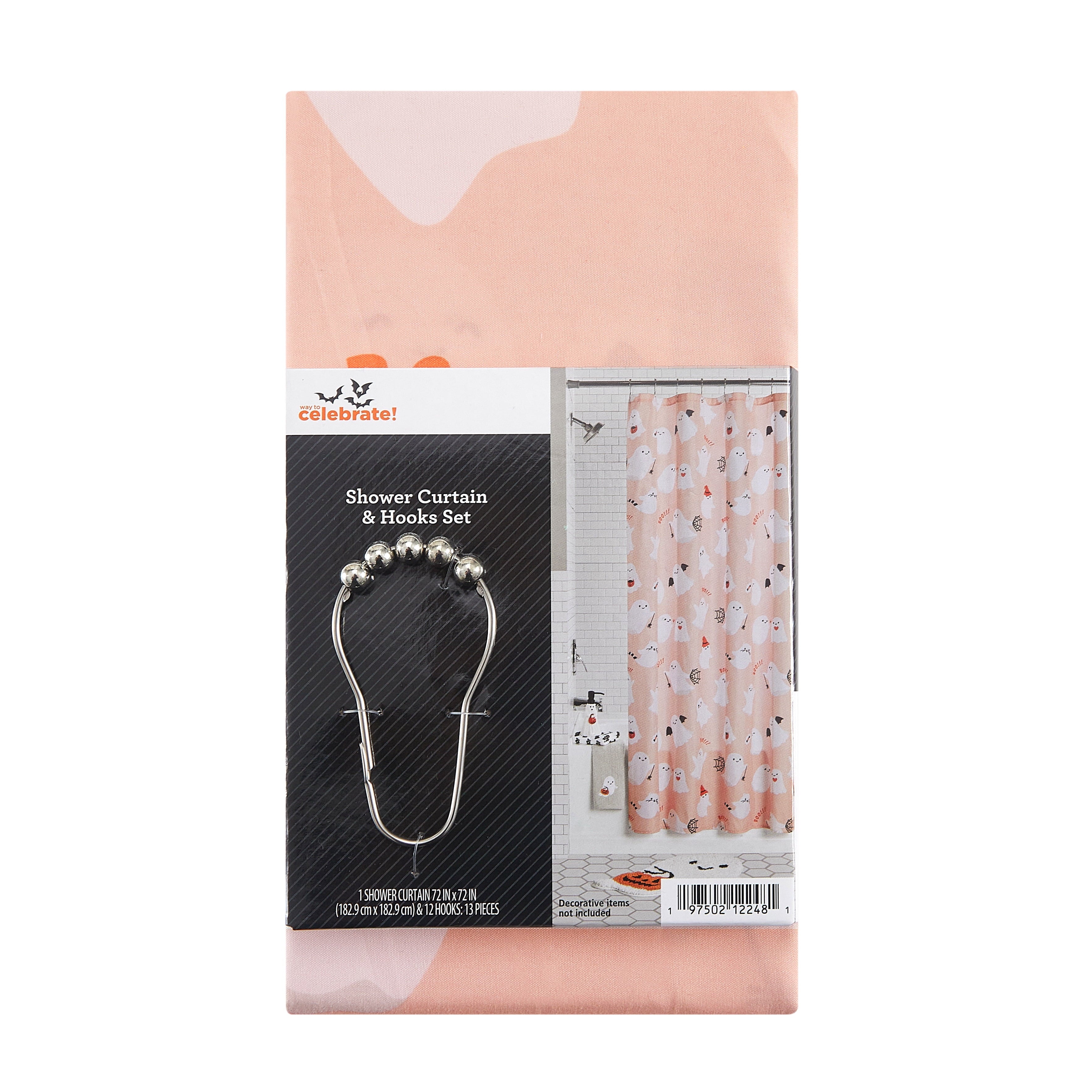 Way To Celebrate 13-Piece Cute Ghost Shower Curtain Set with 12 Hooks, Pink