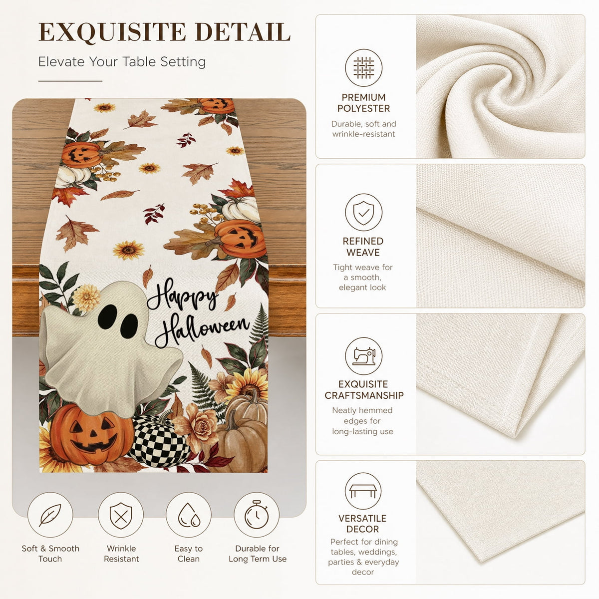 Sm:)e Halloween Table Runner Ghost Pumpkin 13x72 Inch, Halloween Party Kitchen Dining Indoor Outdoor Decorations,Orange