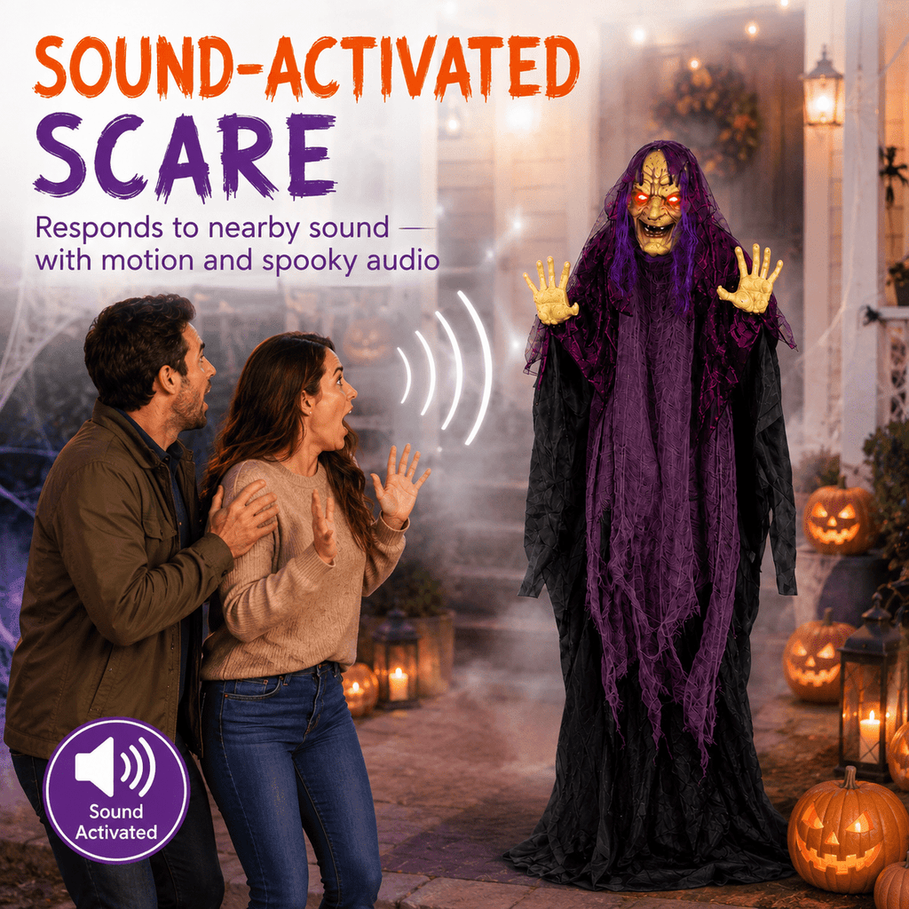 Romswi Halloween Decorations 5ft Standing Witch Animated with Light Up Eyes and Sound-Activated for Spooky Yard Garden Decor