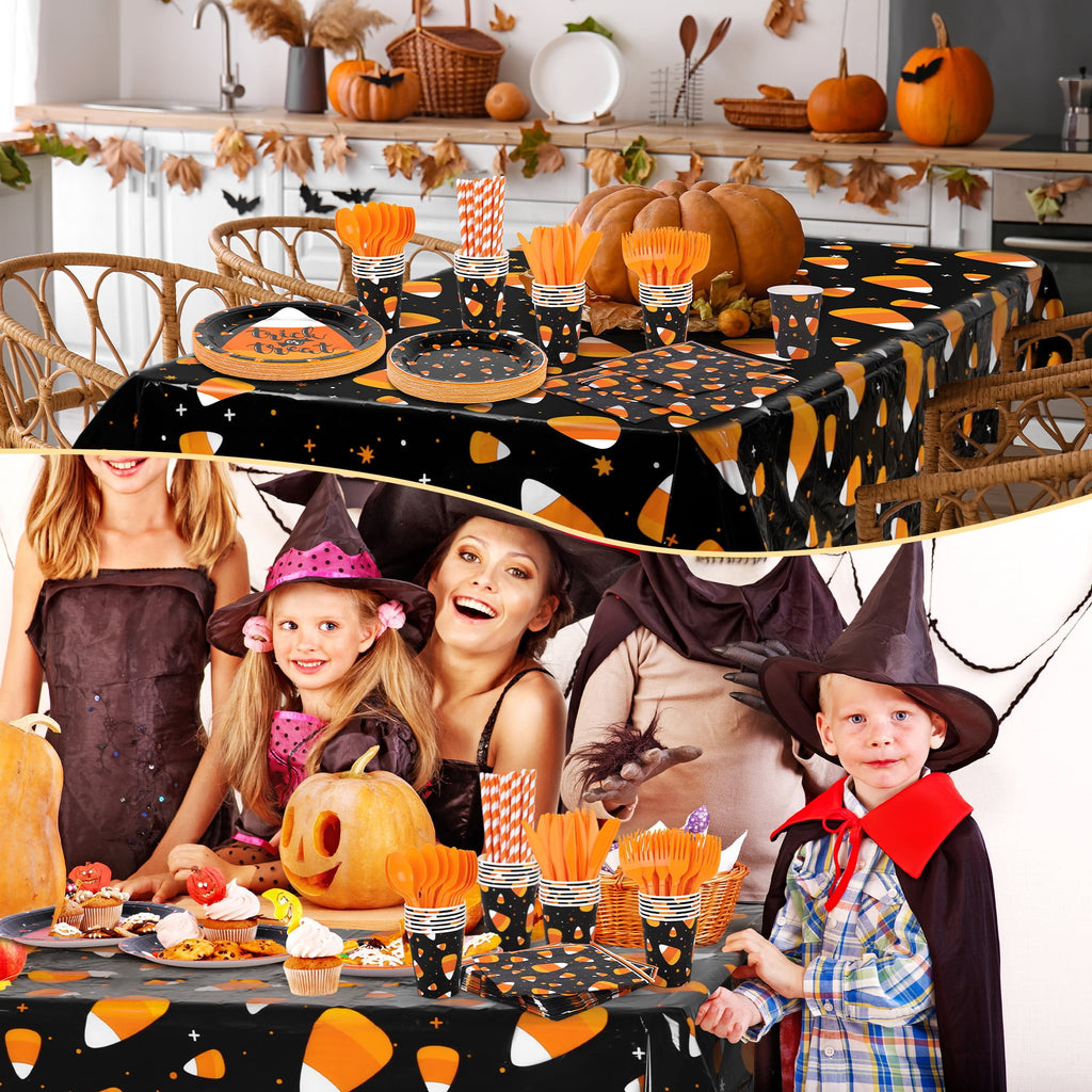 TURSTIN 193 Pieces Halloween Candy Corn Tableware Set Serves 24, Disposable Paper Plates Cups Napkins with Tablecloth for Halloween Party