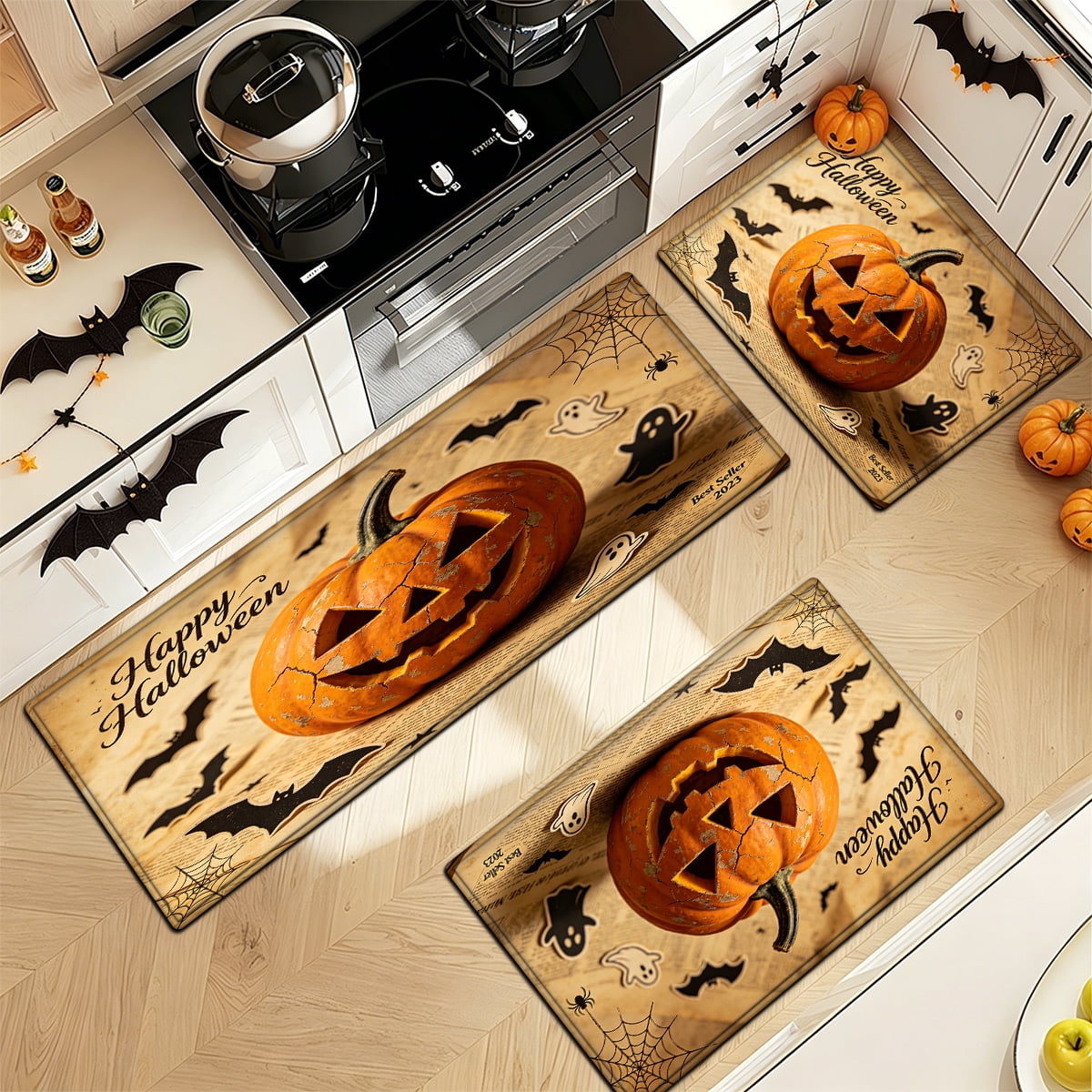 YIMEIS Halloween Neon Pumpkin Lanterns 3Pcs Flannel Mat & Kitchen Rugs Set,Soft Non-slip,16''×24'' 20''×30'' 17''×47'' Inches,for Entryway Bathroom