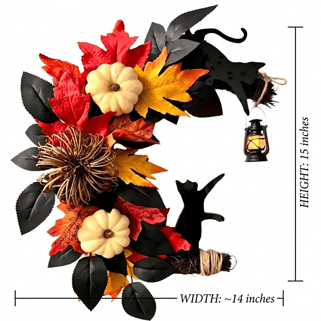 Halloween Wreaths Fall Wreath 15 Inch Fall Halloween Half Wreath with Black Cats-Door Wreath with LED Lantern (Batteries Not Included) Autumn Harvest Wreath for Front Door, Wall, Thanksgiving & Hallo