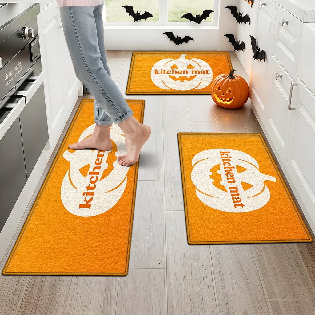 YIMEIS Halloween White Pumpkin Multi-purpose 3-Piece Flannel Mat and Kitchen Rugs,Soft Non-slip for Home Bedroom Bathroom