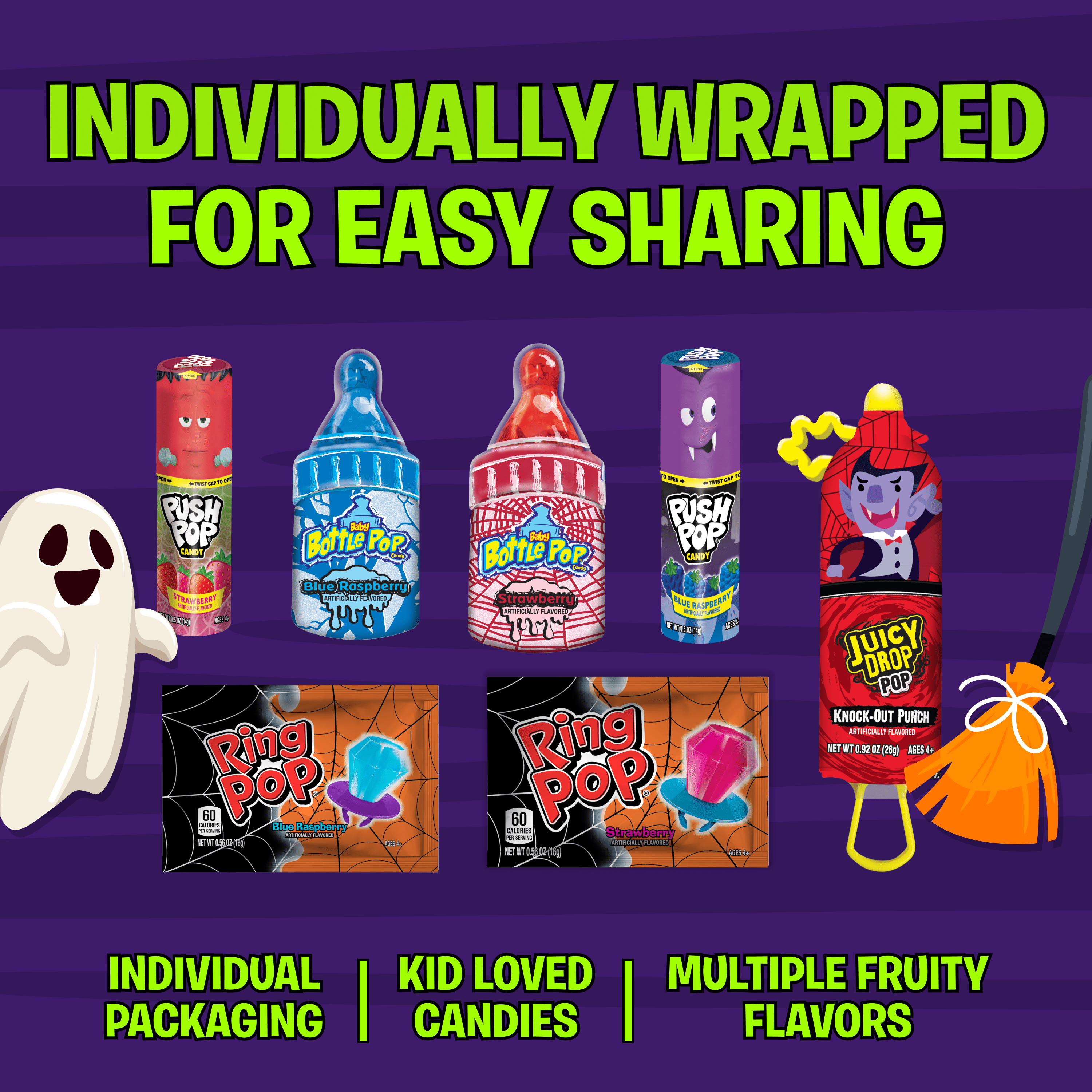 Halloween Ring Pops, Juicy Drop, Baby Bottle, Push, Assorted Flavor Lollipops, Variety Pack, 12.4 oz, 18 Count Box