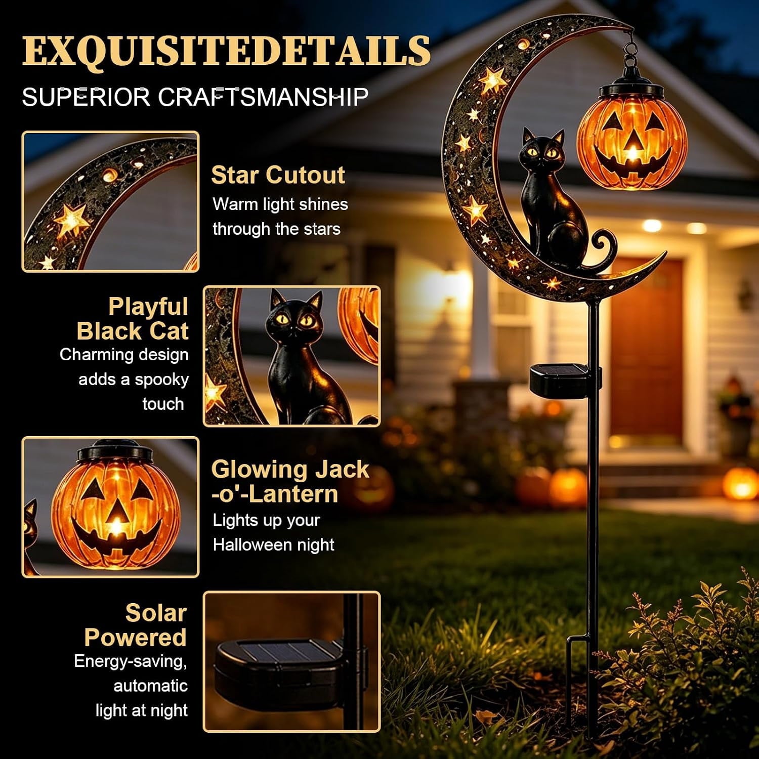 Solar Halloween Black Cat & Pumpkin Moon Garden Stake Light | Waterproof Metal Black Cat Yard Ornament, Auto On Off Solar Outdoor Light, Fall Halloween Decor Stake for Lawn Patio Pathway