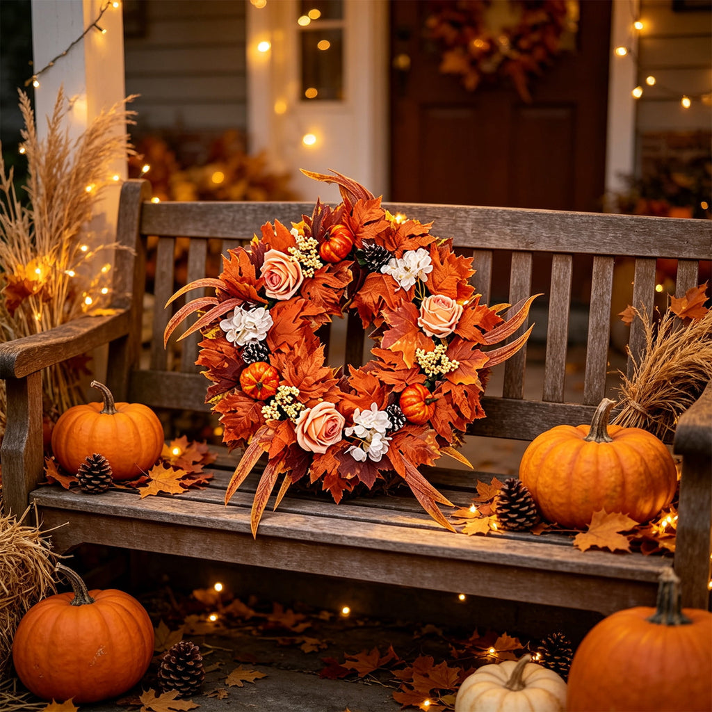 HOARBOEG Handmade Wrought Iron Maple Leaf Wreath, Thanksgiving Rudolph Fall Harvest Door Hanging, Orange Metal Autumn Wreath with Berries, Garden Wall Decor, 15.75 in