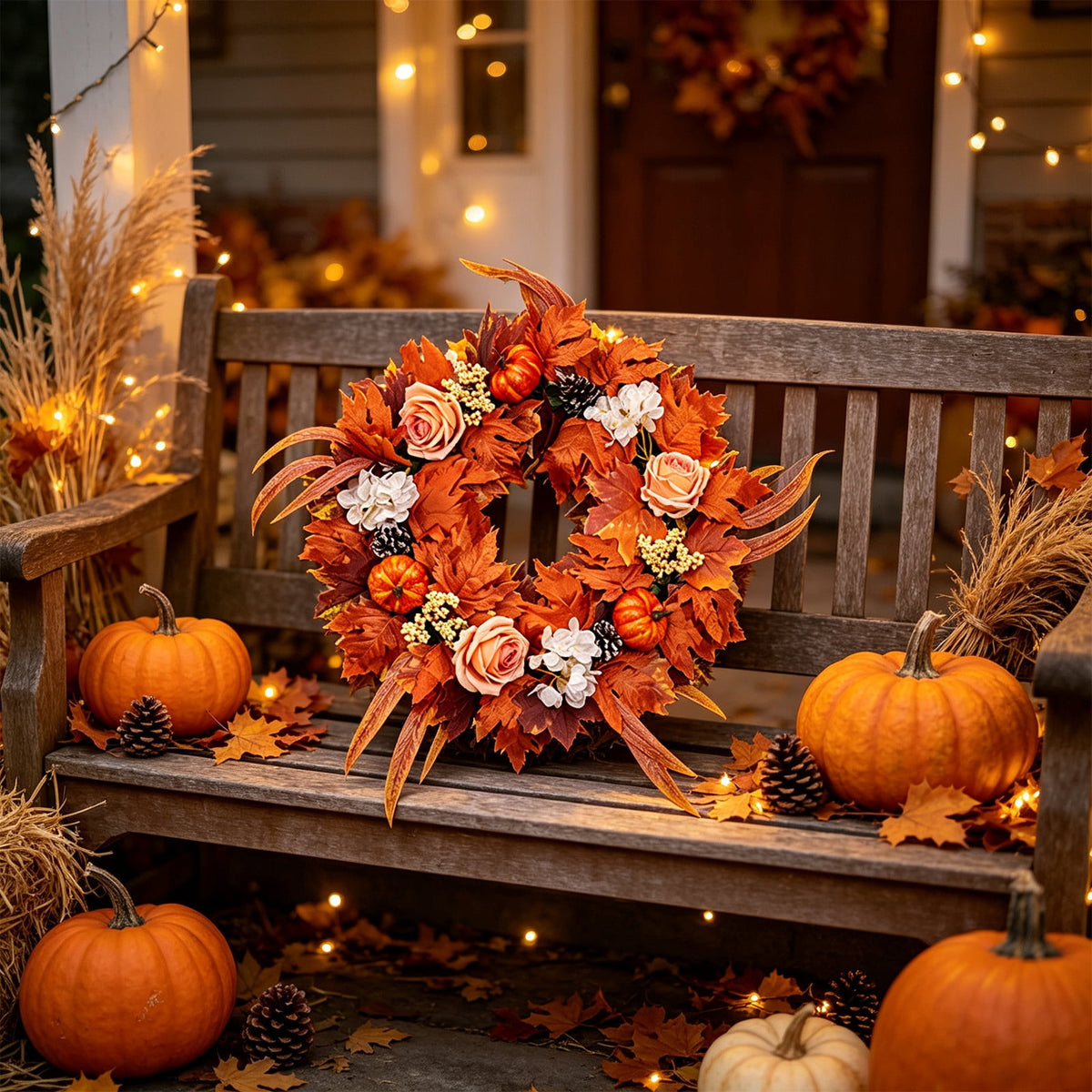 HOARBOEG Handmade Wrought Iron Maple Leaf Wreath, Thanksgiving Rudolph Fall Harvest Door Hanging, Orange Metal Autumn Wreath with Berries, Garden Wall Decor, 15.75 in