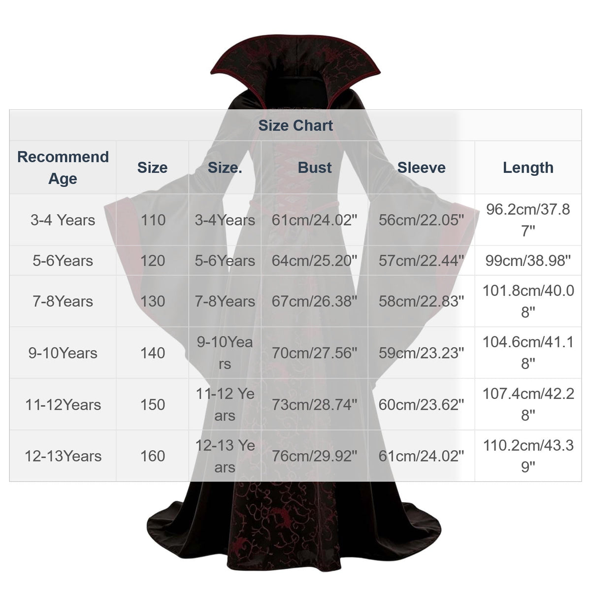 DxhmoneyHX Girls Halloween Vampire Costume Medieval Gothic Long Flared Sleeve Witch Dress Classic Outfit for Festival Party 3‑13 Years