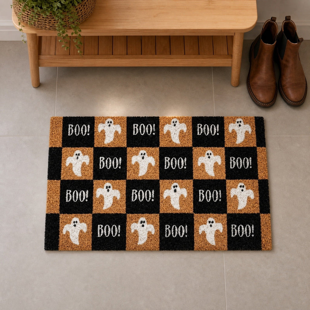 Tepsmf Halloween Ghost Doormat 19.7x31.4IN Black And Orange Checkered Soft Halloween Bathroom Rug Non Slip Cute Spooky Ghost Bathroom Decoration For Front Doors Porches And Holiday Decorations
