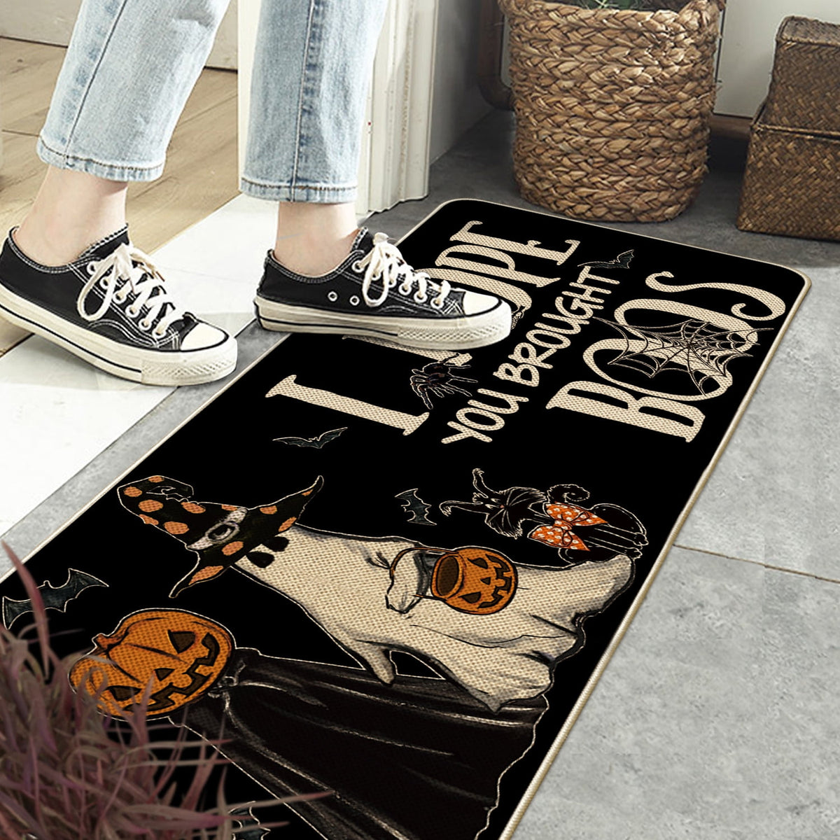 Sm:)e Polka Dot Black Cat, Jack-O'-Lantern, Ghost Halloween Welcome Doormat, 17x29 Inch