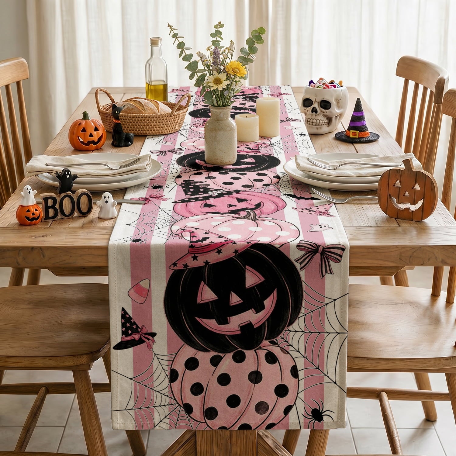 Sm:)e Halloween Table Runner Ghost Pumpkin 13x72 Inch, Halloween Party Kitchen Dining Indoor Outdoor Decorations,Orange