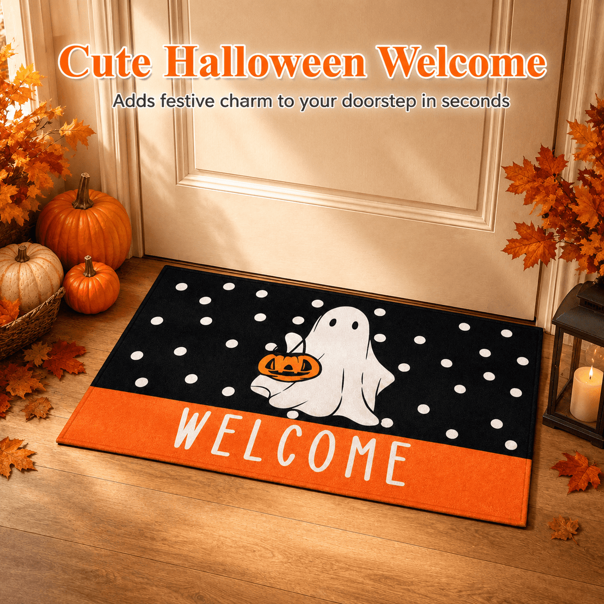 Halloween Ghost Welcome Printed Doormat, Entrance Rug with Skidproof Rubber Backing for Halloween Front Porch Entryway Indoor Outdoor Decor,50x80cm