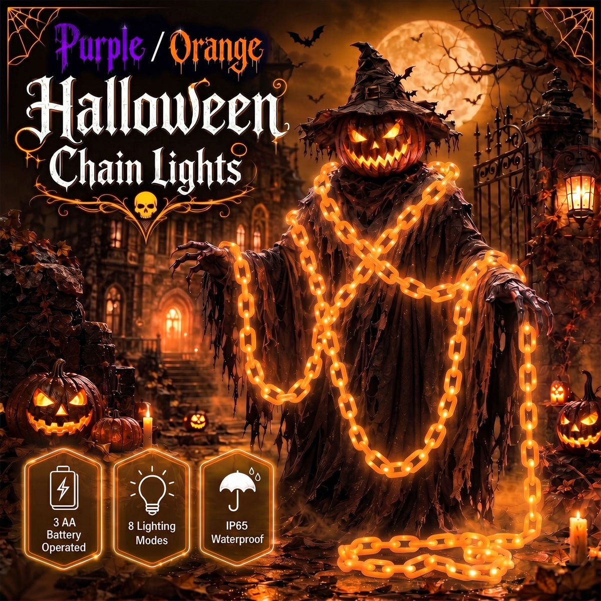 VOLIVO Halloween Chain Lights, 10FT 8 Modes Waterproof Battery Operated Halloween Decorations for Outdoor Party, Cosplay, Spooky (Purple)