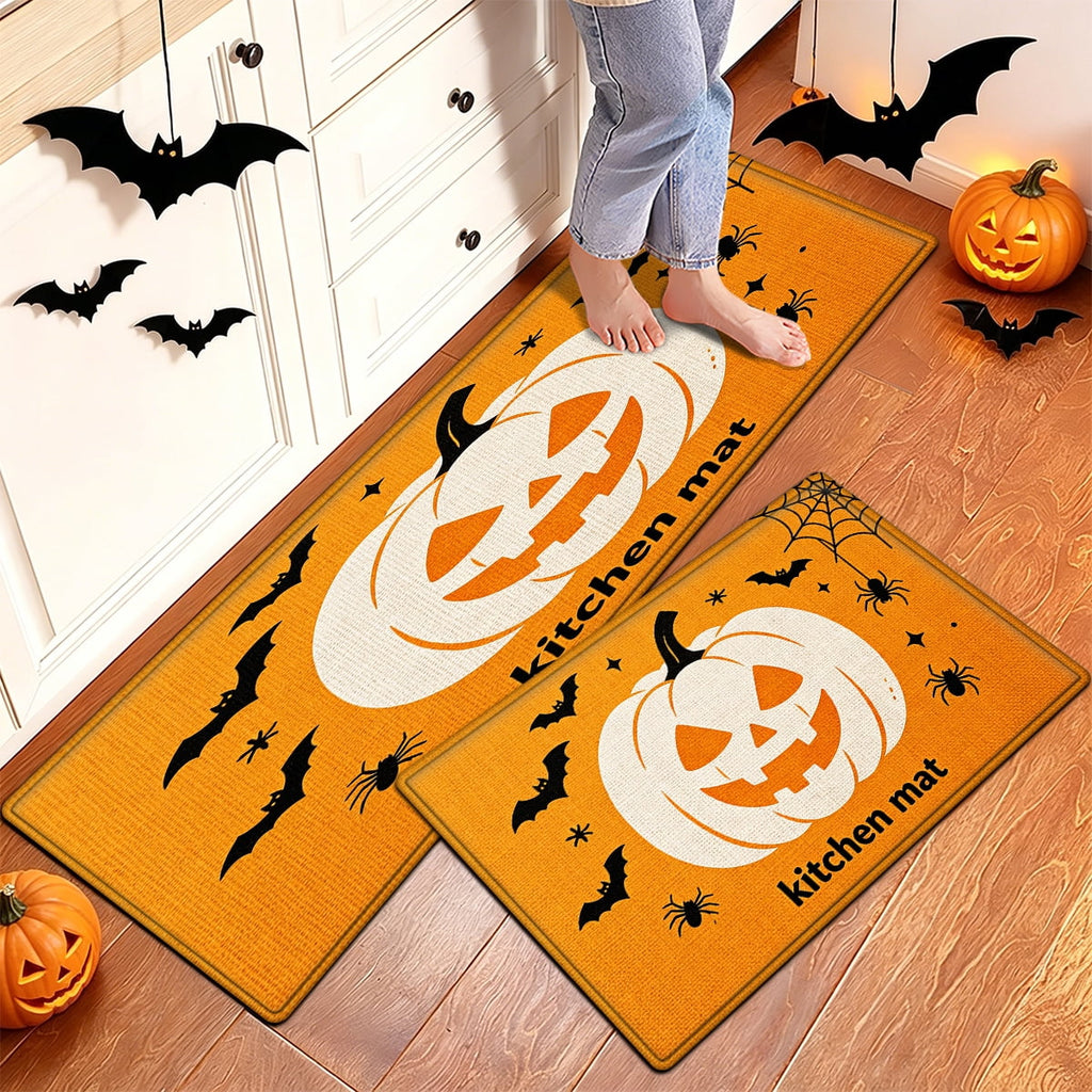 YIMEIS Halloween White Pumpkin Multi-purpose 3-Piece Flannel Mat and Kitchen Rugs,Soft Non-slip for Home Bedroom Bathroom