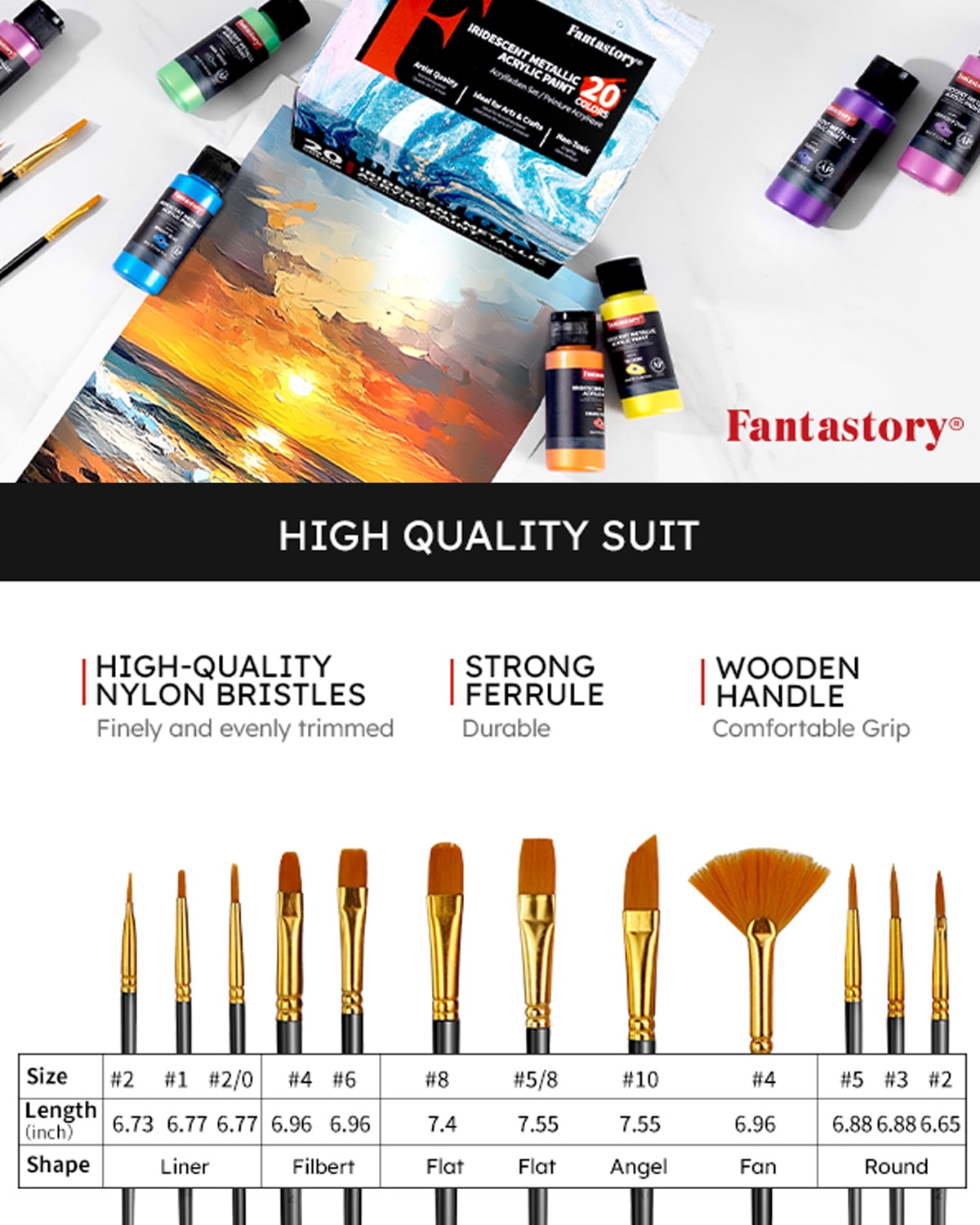 Fantastory Acrylic Paint Set, 20 Metallic Colors, 2 oz, 12 Brushes