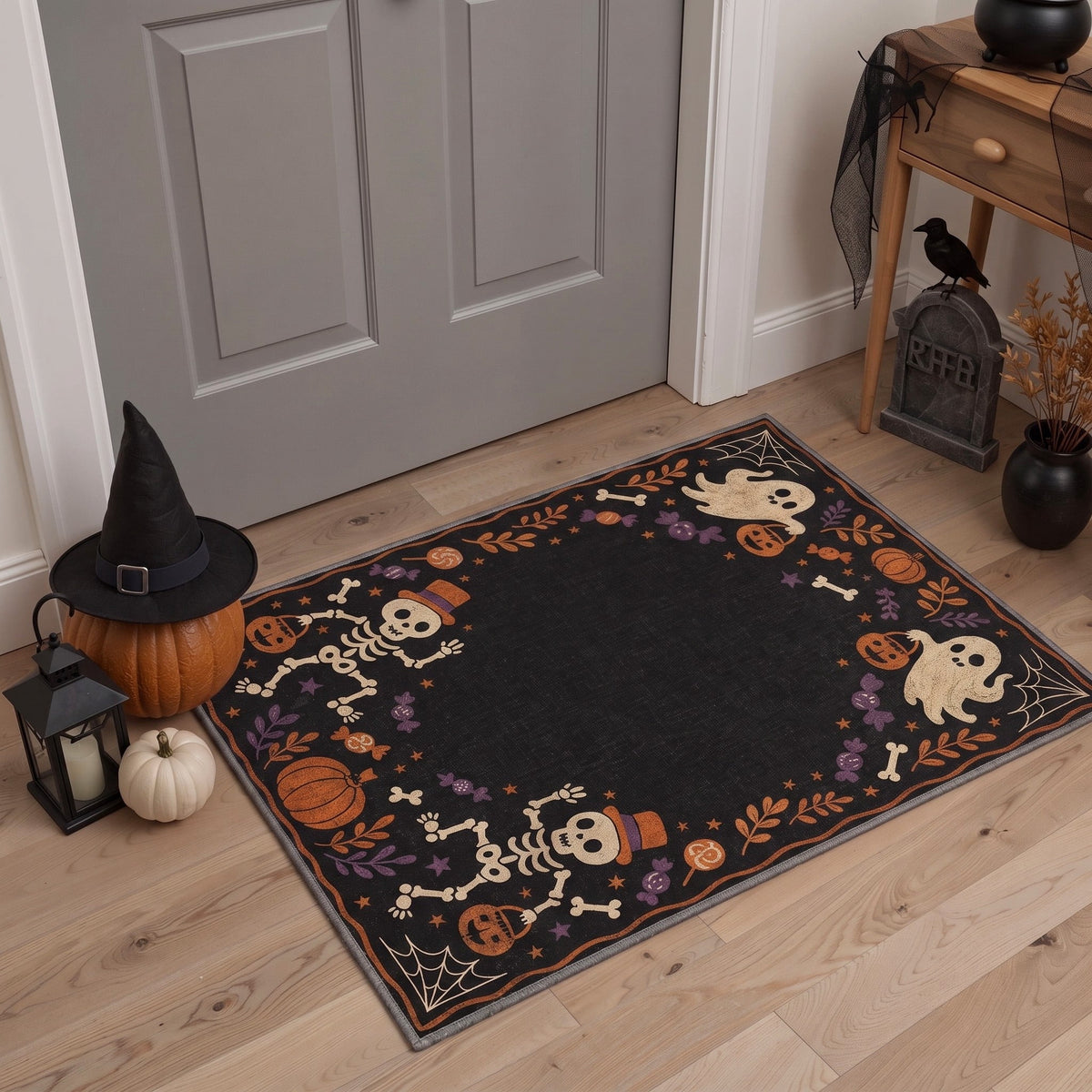 GENIMO 2'x7' Halloween Runner Rug, Washable Non Slip Soft Vintage Witch Indoor Outdoor Hallway Runner for Porch Patio Kitchen Entryway, Vintage Black