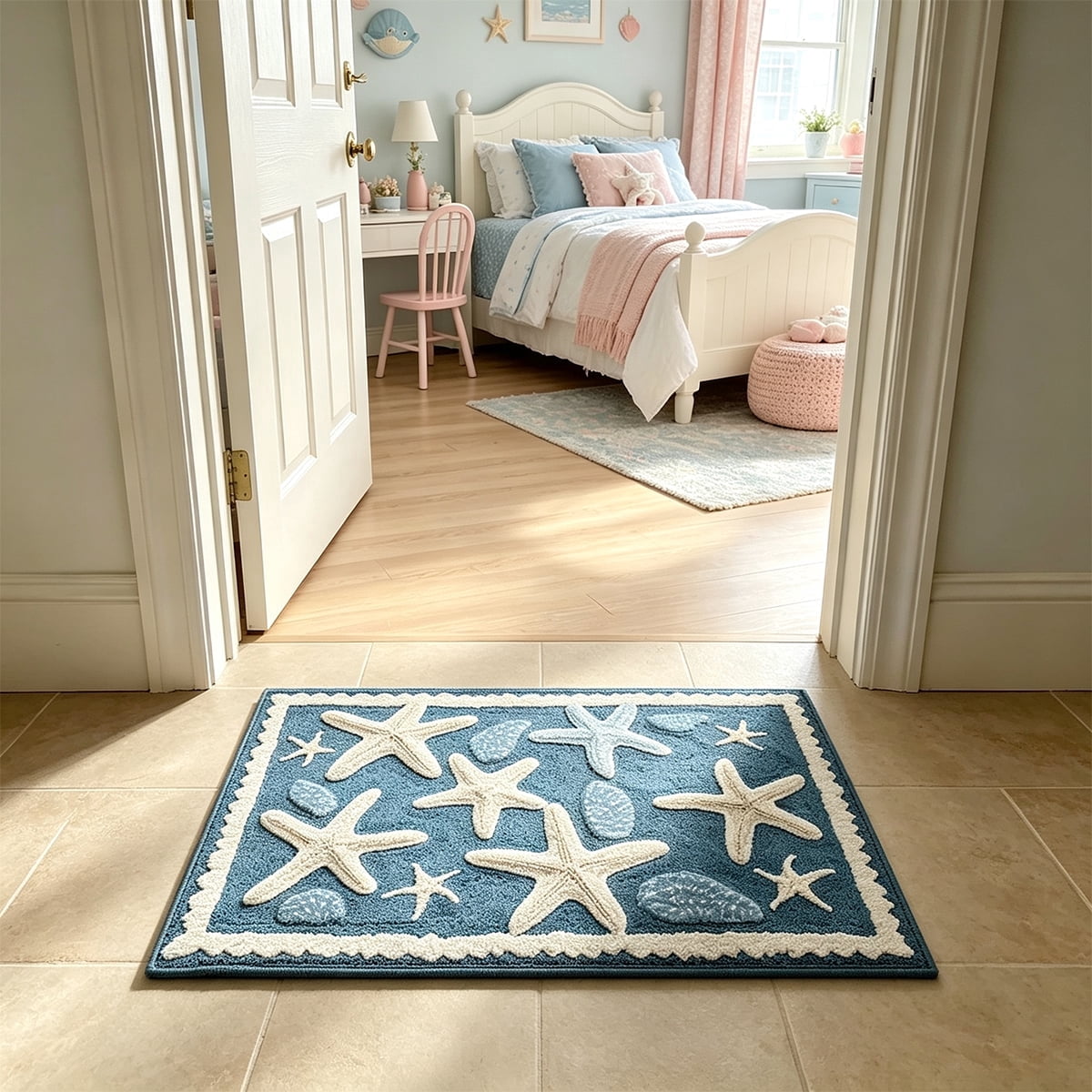Door Mat Clearance- 16x24in Starfish Seashell Bath Mat Ocean Sea Theme Non-Slip Washable Beach Door Mat for Kitchen Bedroom Laundry Entryway Decor