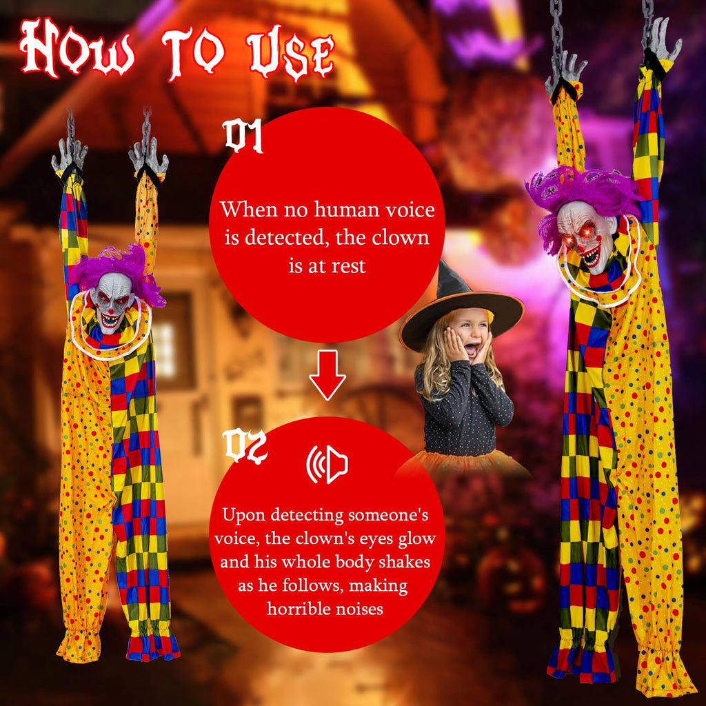 5.6 Ft Halloween Hanging Animated Talking Shaking Scary Clown with Chain Light Up Red Eyes Sound Touch Activated