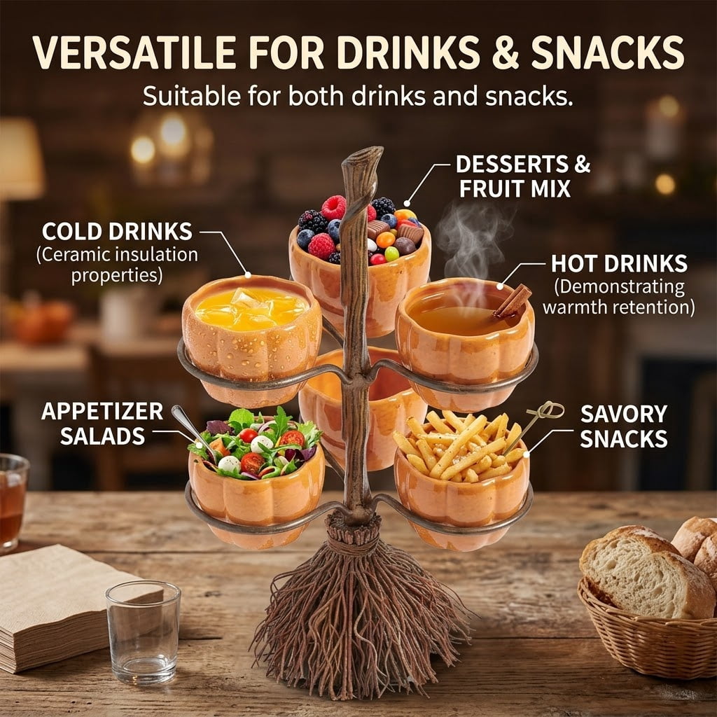 Diceymbol Halloween Pumpkin Snack Bowl Stand Collapsible Broomstick Candy Tray for Cupcakes & Desserts, Resin Serving Platter with Ceramic Pumpkin Bowls