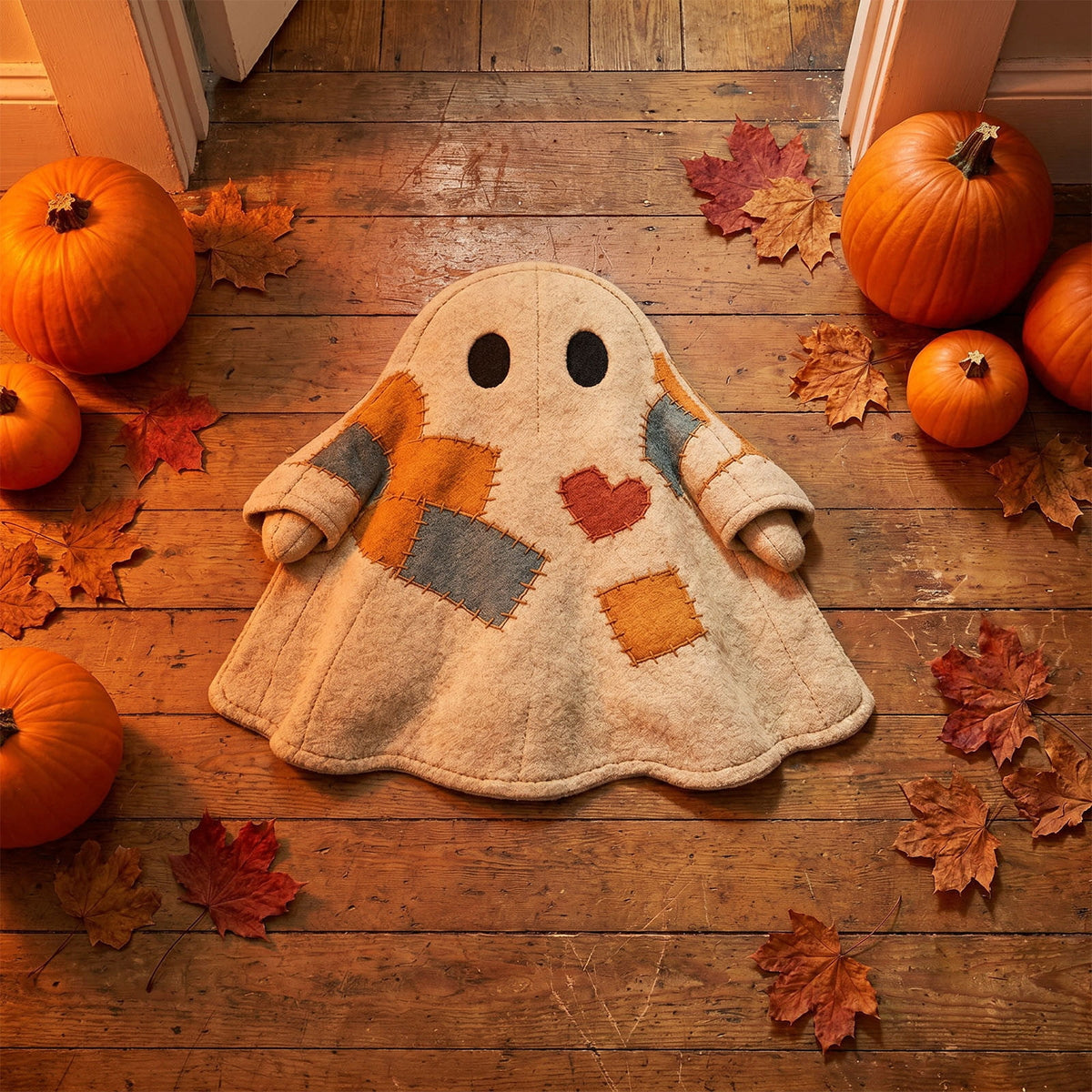 Lypsnake Patchwork Ghost Shaped Doormat,Vintage Stitched Fluffy Fabric Ghost Mat, Halloween Floor Carpet for Front Door Entrance Shower Room Fireplace Farmhouse Layout