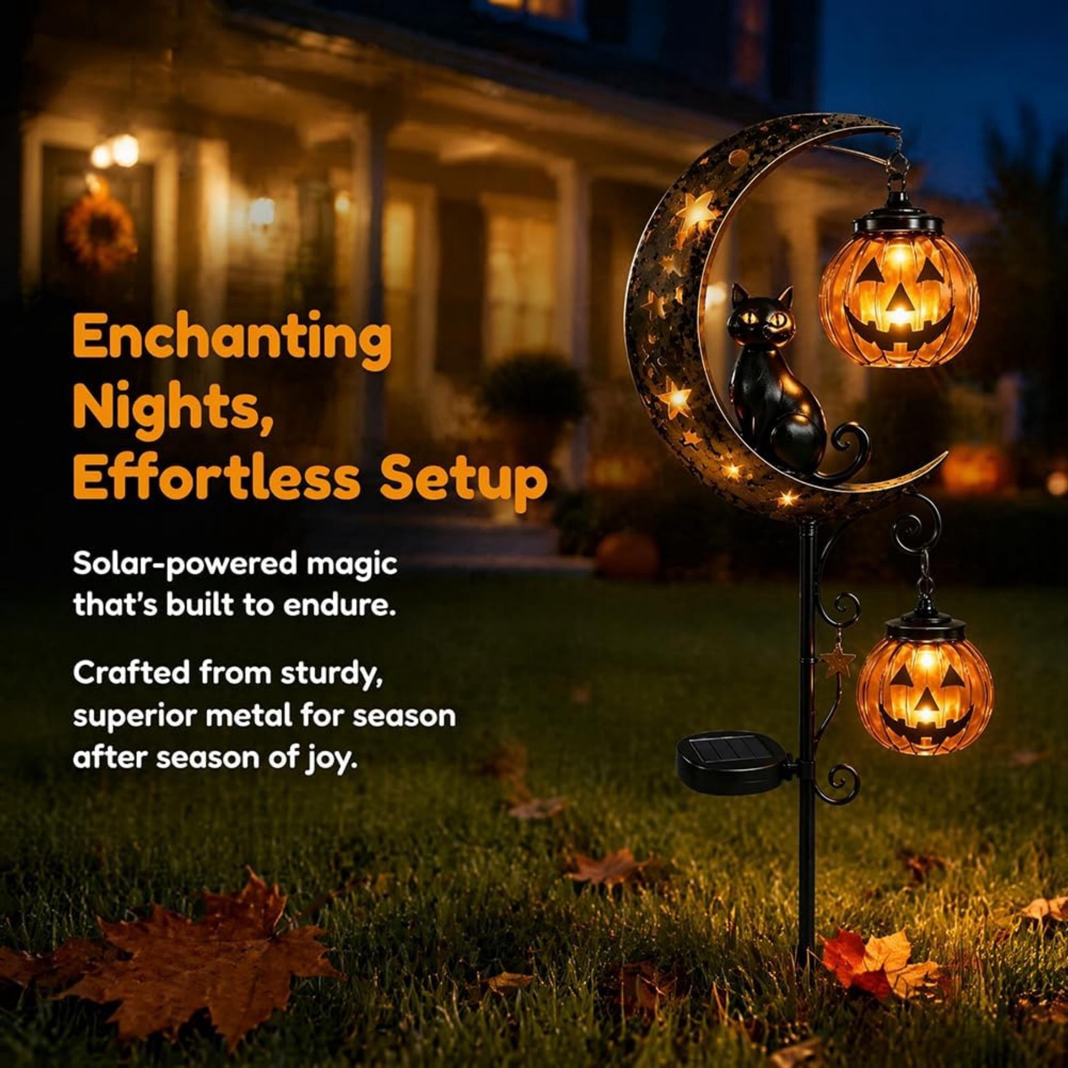 Clearance 35" Halloween Solar Pumpkin Moon Garden Stake Light with Black Cat Outdoor Waterproof LED Yard Decoration Hanging Jack-o'-Lantern for Garden, Patio, Walkway, Porch (C)