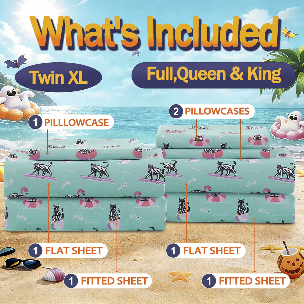Summerween Crafted by Catherine Full 4-Piece Sheet Set, Black & White Nautical Ghosts