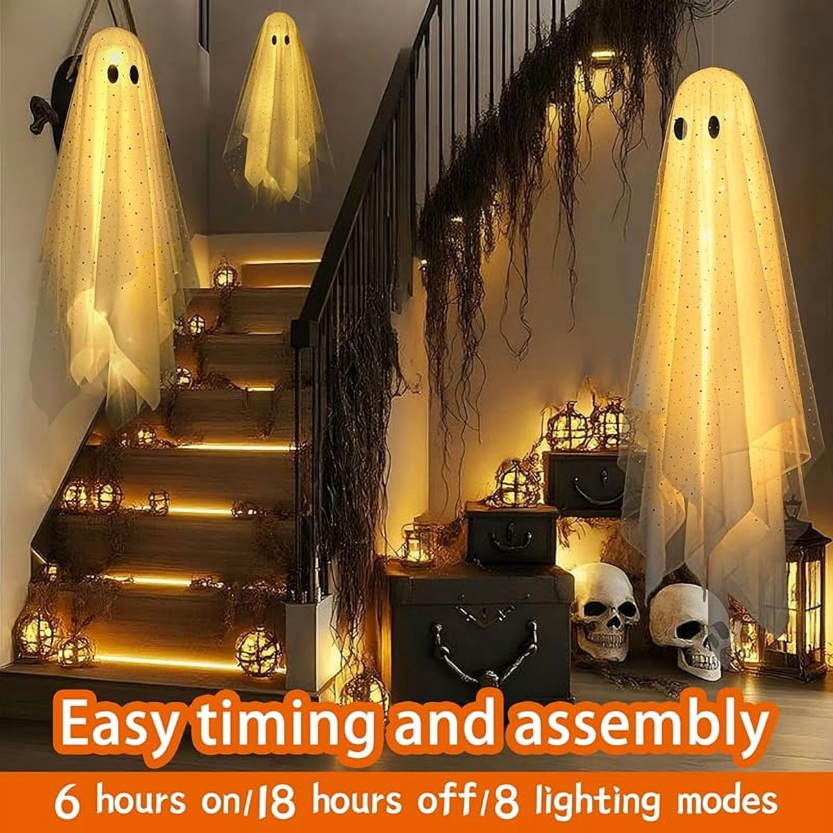 2-Pack Halloween Decorations Outdoor, Halloween Party Decorations Indoor, Ghost Decorations with Remote Control String Lights, Halloween Ghost Lights Suitable for Porch, Courtyard, Garden, Lawn