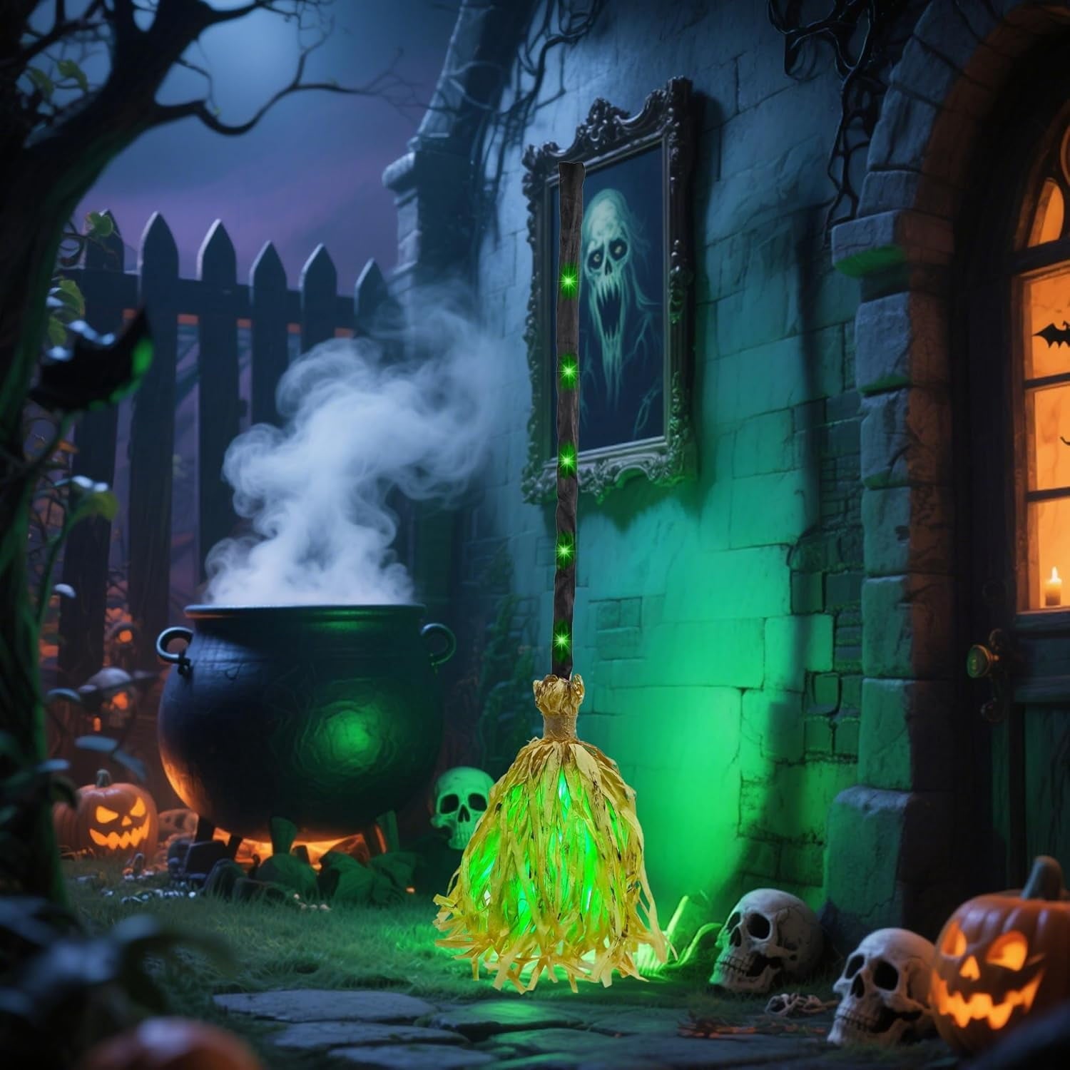Anmrize 35" Animated Witches Broom Halloween Decor Magic Witch Broomstick | Moving, Sound/Touch Activated, Light up, Spooky Sounds, Dancing, for Indoor & Outdoor Porch, Halloween Party Decorations