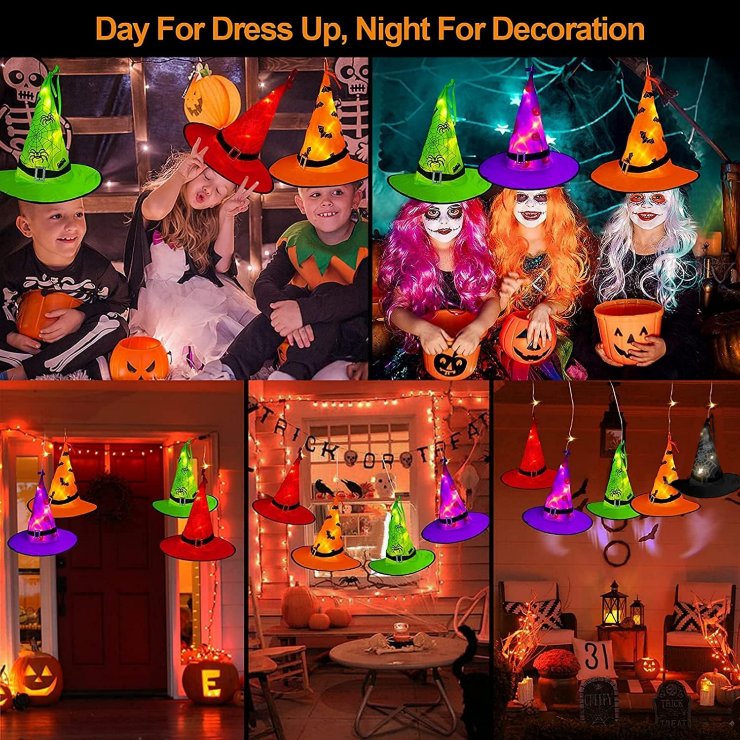 PMMIPNW Halloween Decorations Lighted Witch Hats Waterproof 5 PCS, Glowing Witch String Lights 12FT, Remote Control with 8 Modes for Outdoor Garden Halloween Party Decoration