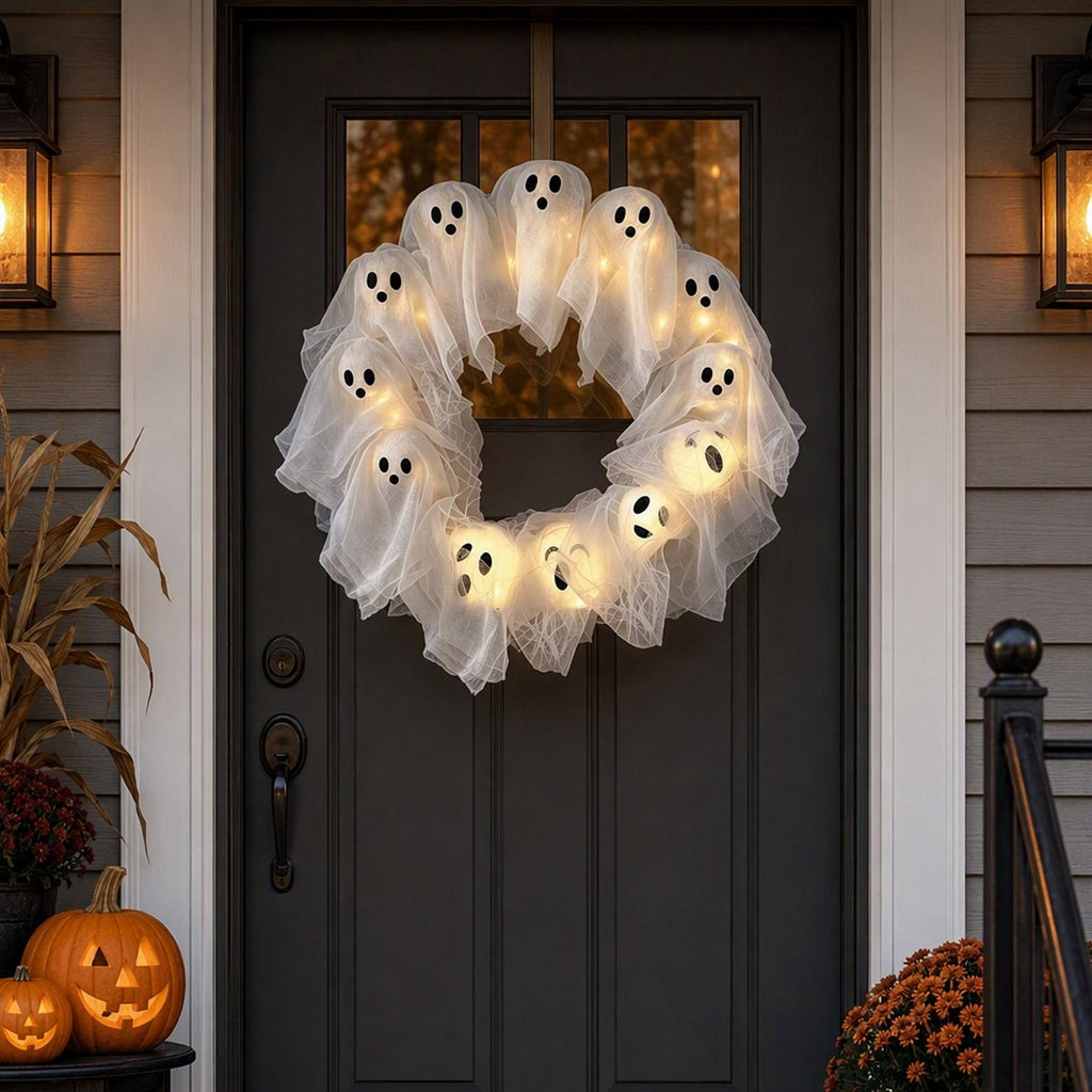 Halloween Glowing Ghost Wreath, Light-up Spooky Wreath with 12 Ghost Decor, RC, 6H Timer, Ideal for Halloween Party (A 12x3inch)
