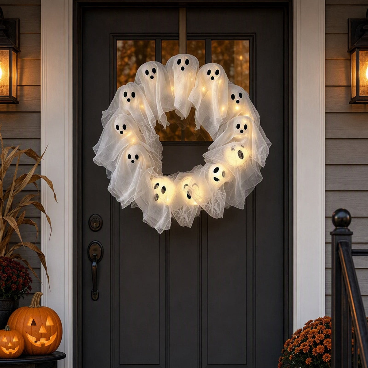 Halloween Glowing Ghost Wreath, Light-up Spooky Wreath with 12 Ghost Decor, RC, 6H Timer, Ideal for Halloween Party (A 12x3inch)