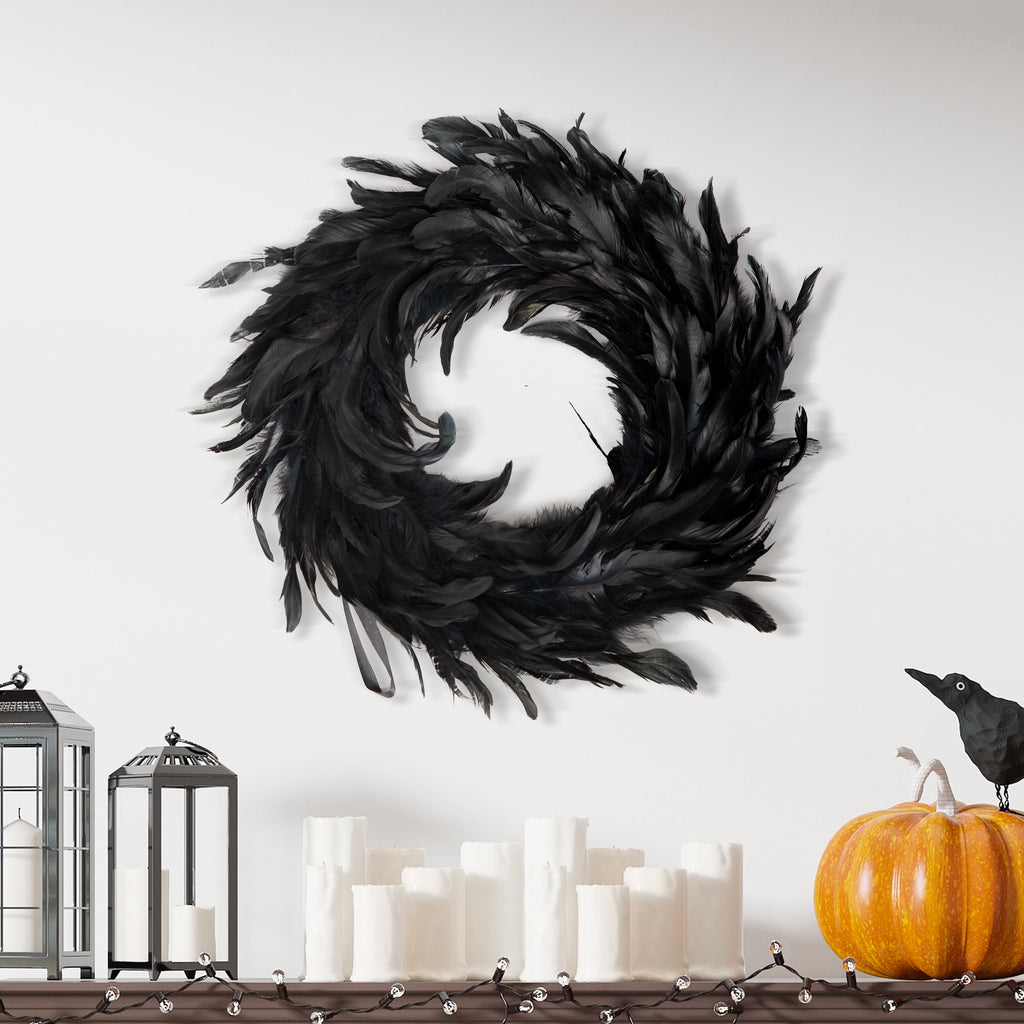 Joyfy Black Feathers Halloween Wreath for Front Door, 13.5" Wreath for Door Window Porch Thanksgiving Halloween Decor, Spooky Scene Party Favors, Halloween Photo Props,Indoor Outdoor Party De