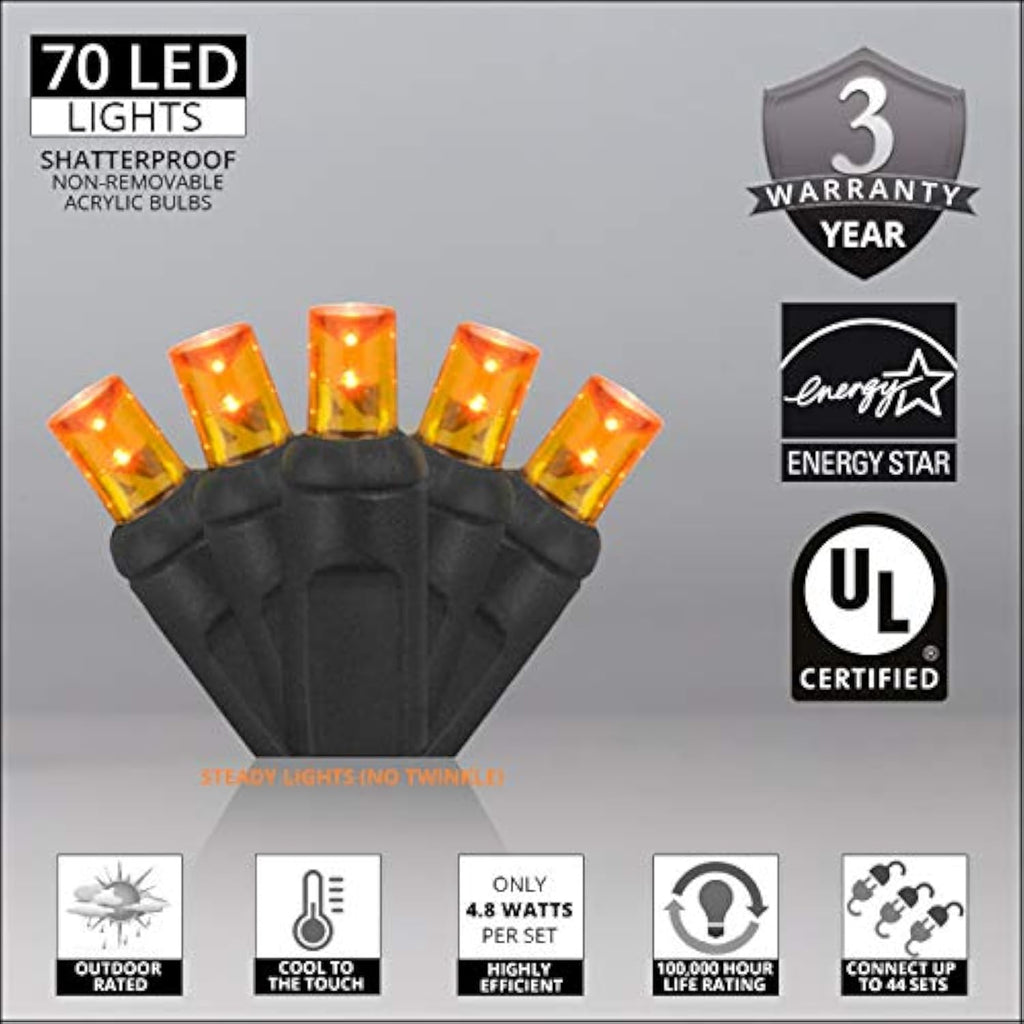 Wick's Outdoor Living LED 5MM Orange Holiday Lights, 24 FT in length, 70 CT, and 6 different color options