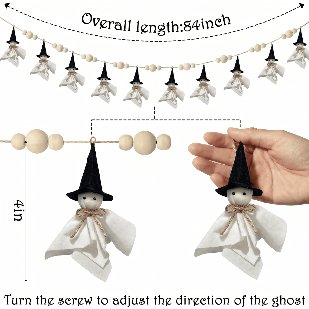 84 Inch Halloween Ghost Banner with Witch Hat, Rustic Wooden Bead Ghost Banner, Halloween Hanging Decor for Fireplace, Mantel, Wall, Party & Home
