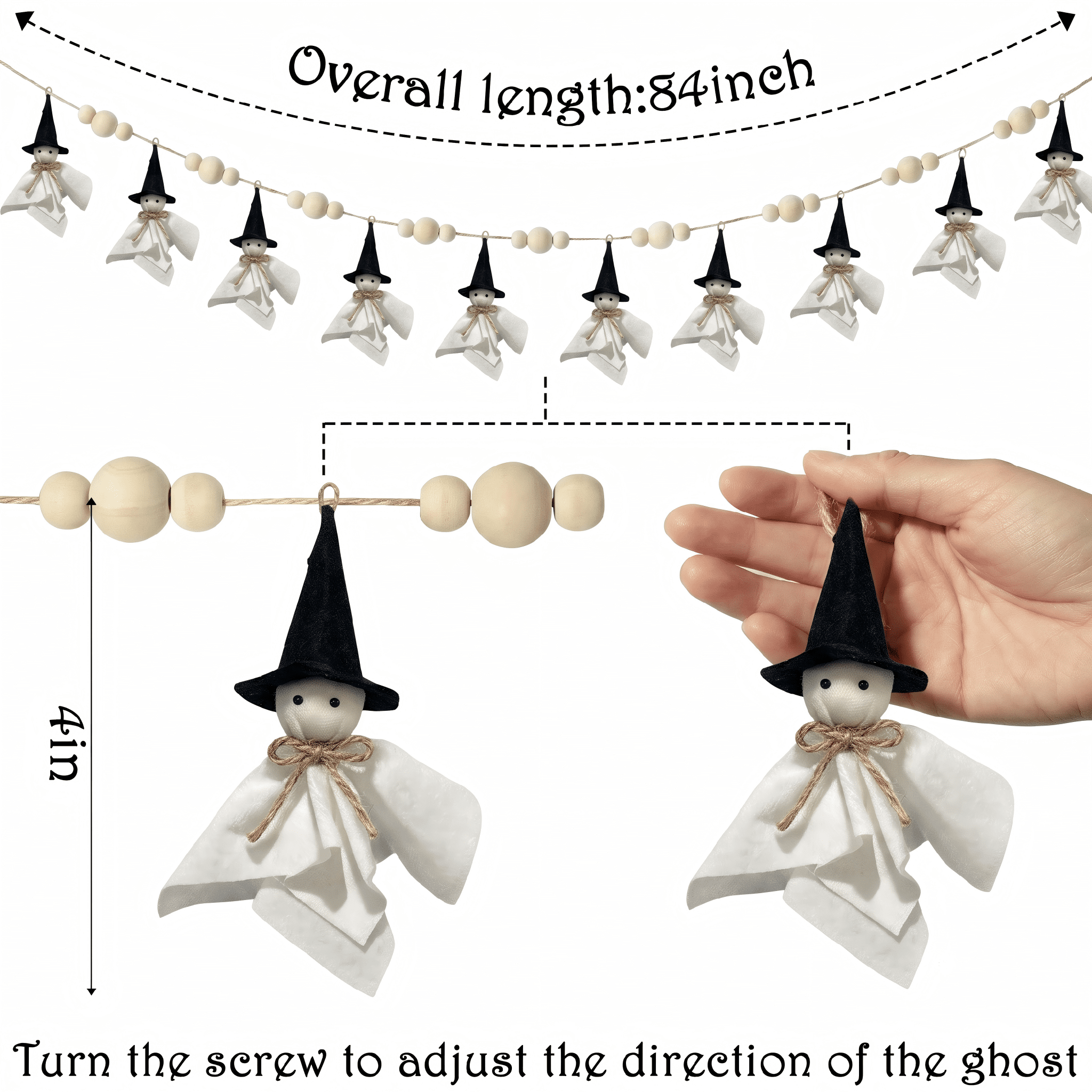 84 Inch Halloween Ghost Banner with Witch Hat, Rustic Wooden Bead Ghost Banner, Halloween Hanging Decor for Fireplace, Mantel, Wall, Party & Home