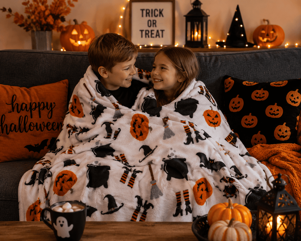 Serafina Home Halloween Throw Blanket: Fuzzy Boo! Jack O'Lantern Spider Webs Skull and Black Cats Print on Velvet Fleece for Sofa Bed Couch Chair Dorm