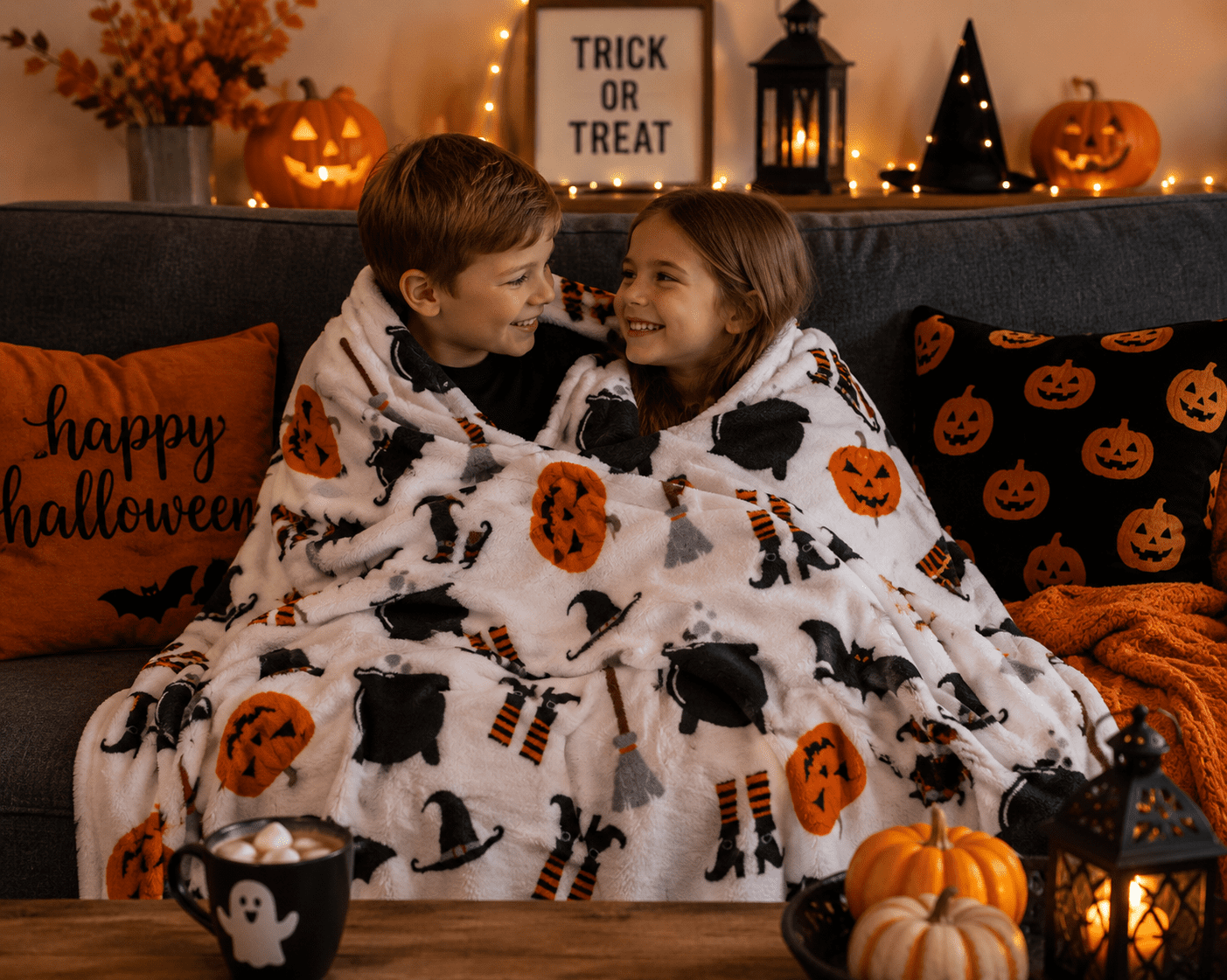 Serafina Home Halloween Throw Blanket: Fuzzy Boo! Jack O'Lantern Spider Webs Skull and Black Cats Print on Velvet Fleece for Sofa Bed Couch Chair Dorm