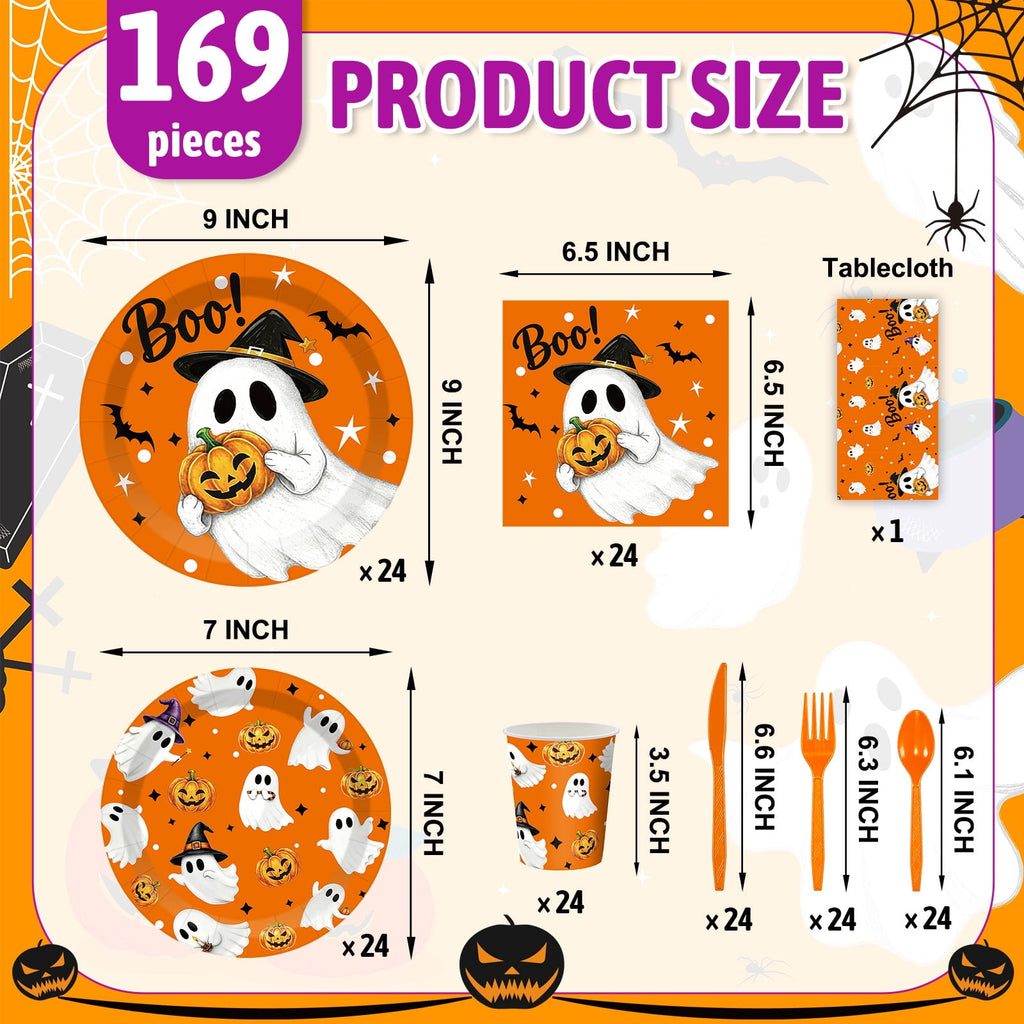 Wowhub Boo Ghost Pumpkin Halloween Tableware Set Serves 24, Halloween Plates and Napkins, Disposable Summerween Party Supplies with Cups, Cutlery & Tablecloth for Halloween Birthday Decorations
