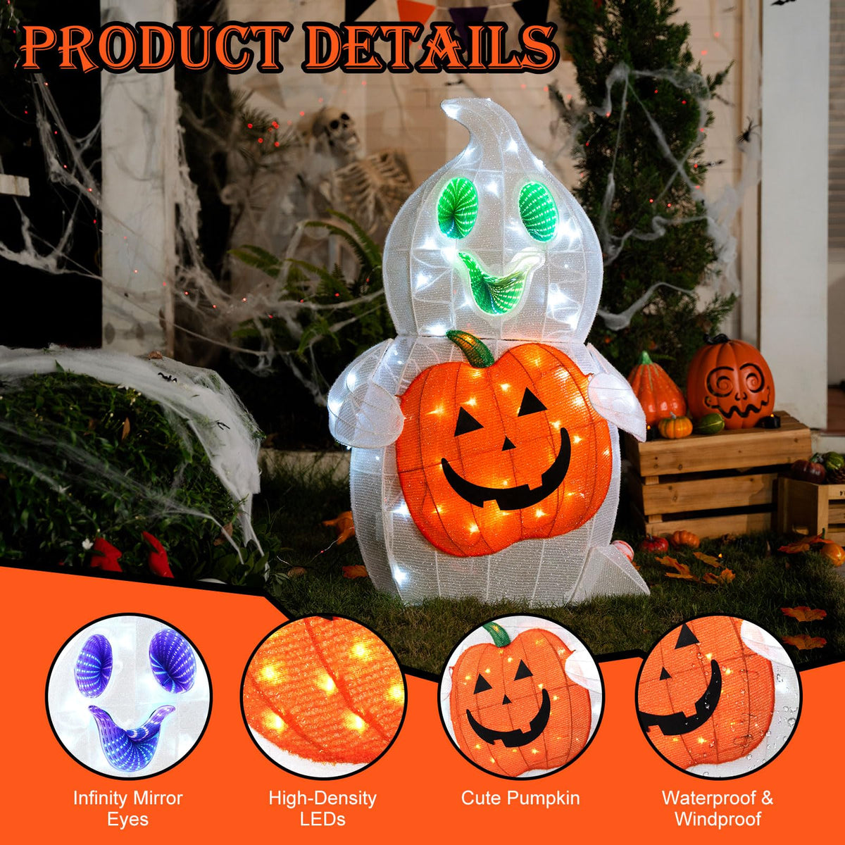 MARACOL Halloween Ghost Decor, 128 LED Pre-Lit Ghost Halloween Decorations with Animated Eyes Cute Light Up Ghost Holding Pumpkin Glowing Ghosts Fall Decor for Outdoor, Indoor, Yard, Porch, Garden