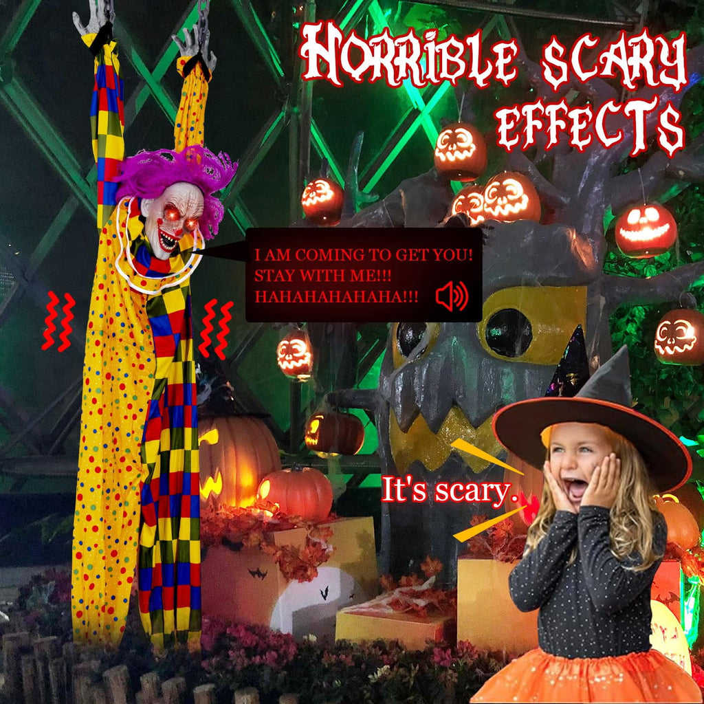 5.6 Ft Halloween Hanging Animated Talking Shaking Scary Clown with Chain Light Up Red Eyes Sound Touch Activated