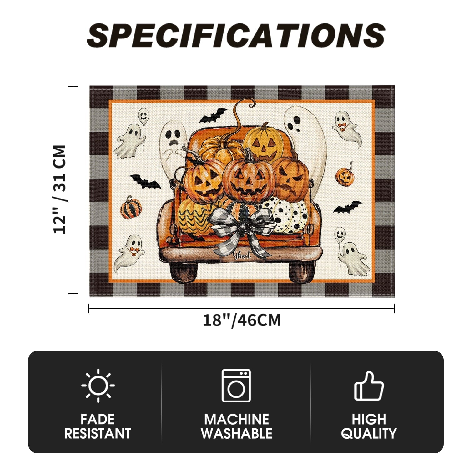 Smile Jack-O'-Lantern Spider Web Halloween Table Placemats Set of 4 Round 15 Inch Black